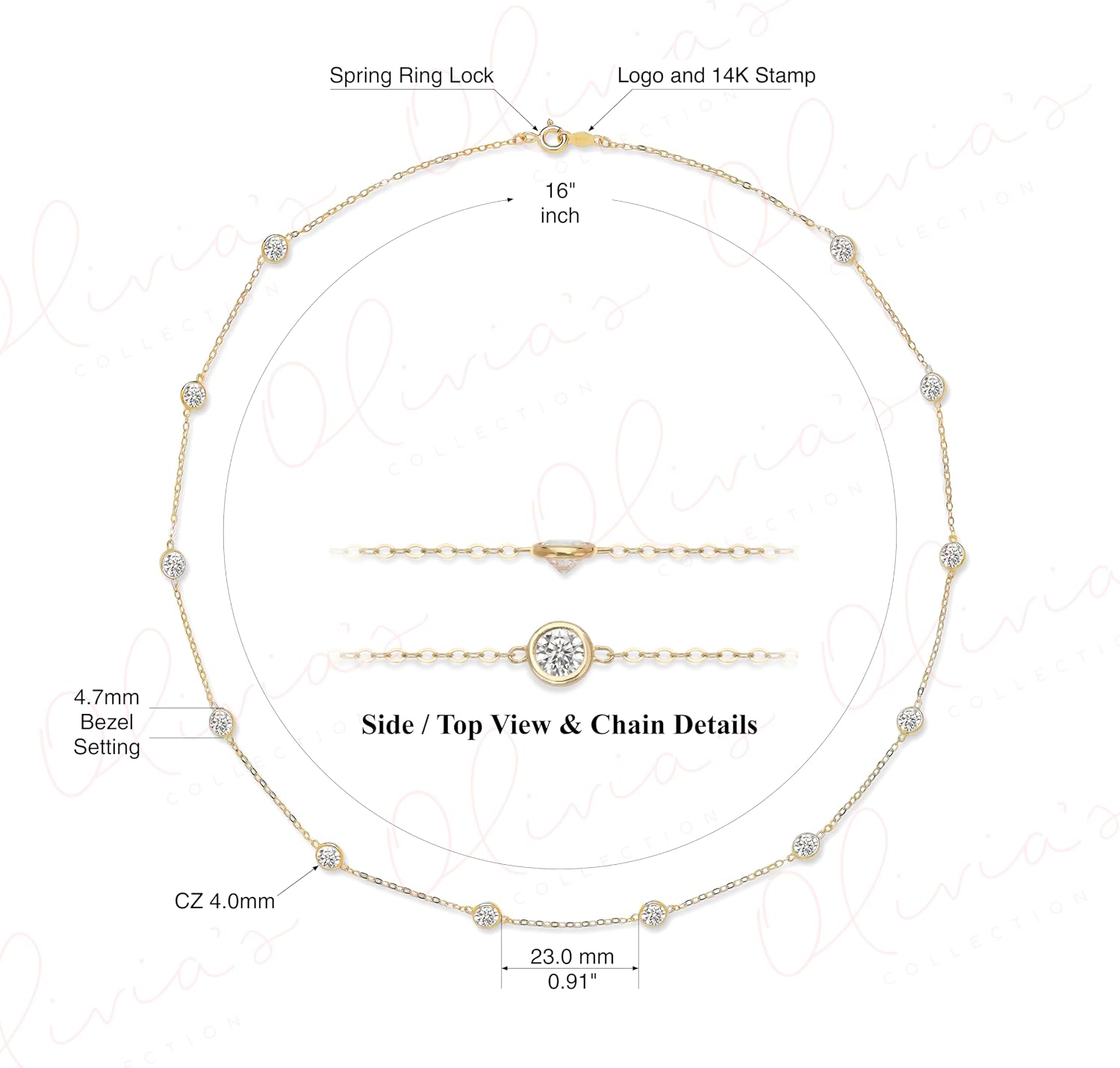 Olivia's Collection: 14k White or Yellow Gold Necklace Strand with Cubic Zirconia by the Yard (16-24 inches) Design for Women and Teens