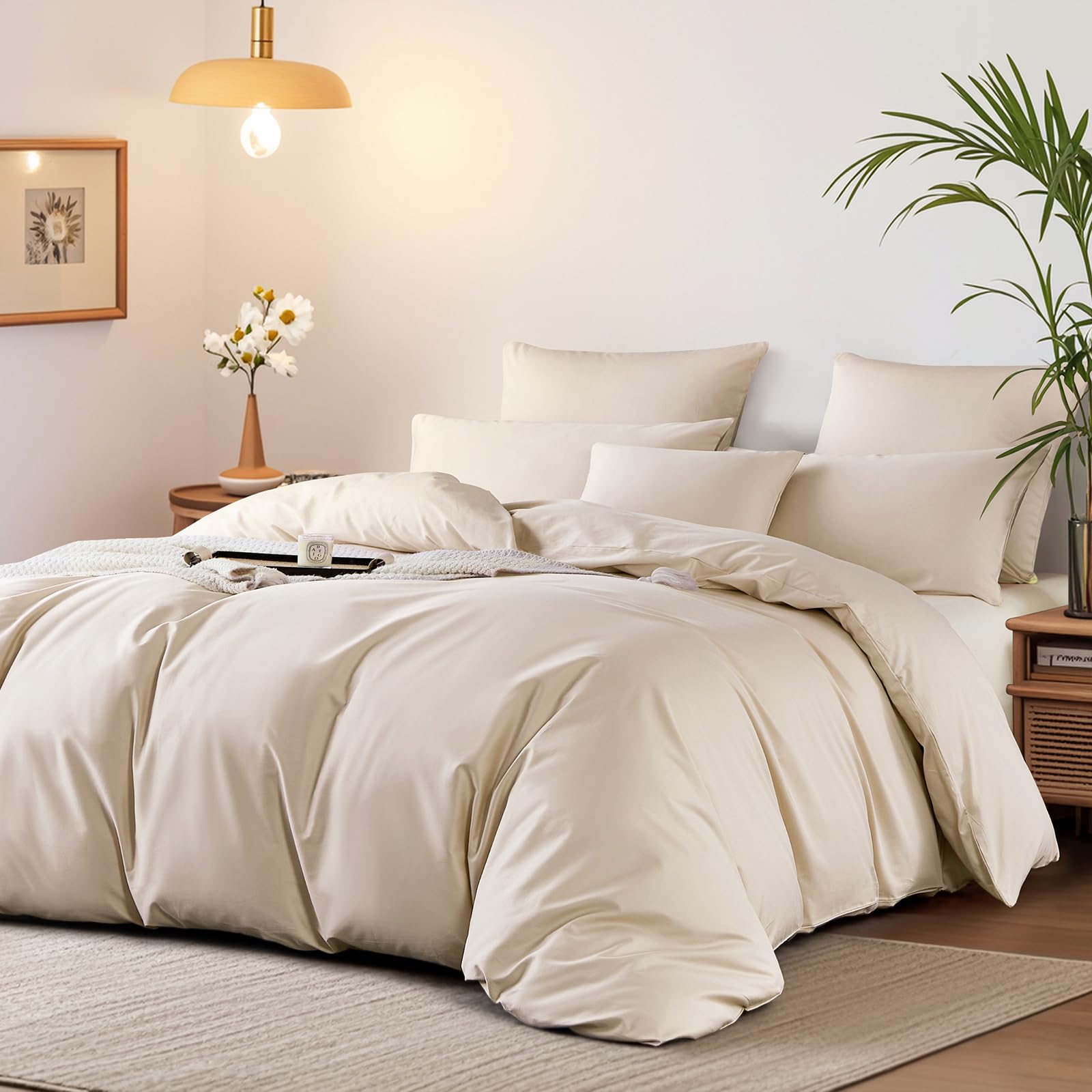 Boqingzhu Satin Bettwäsche 220x240 cm Beige Langstapelige Baumwolle | Kühlend Weich Glatt, ÖkoTex Zertifiziert, Für Allergiker Geeignet,Bettbezug Set mit Kissenbezüge 80x80cm