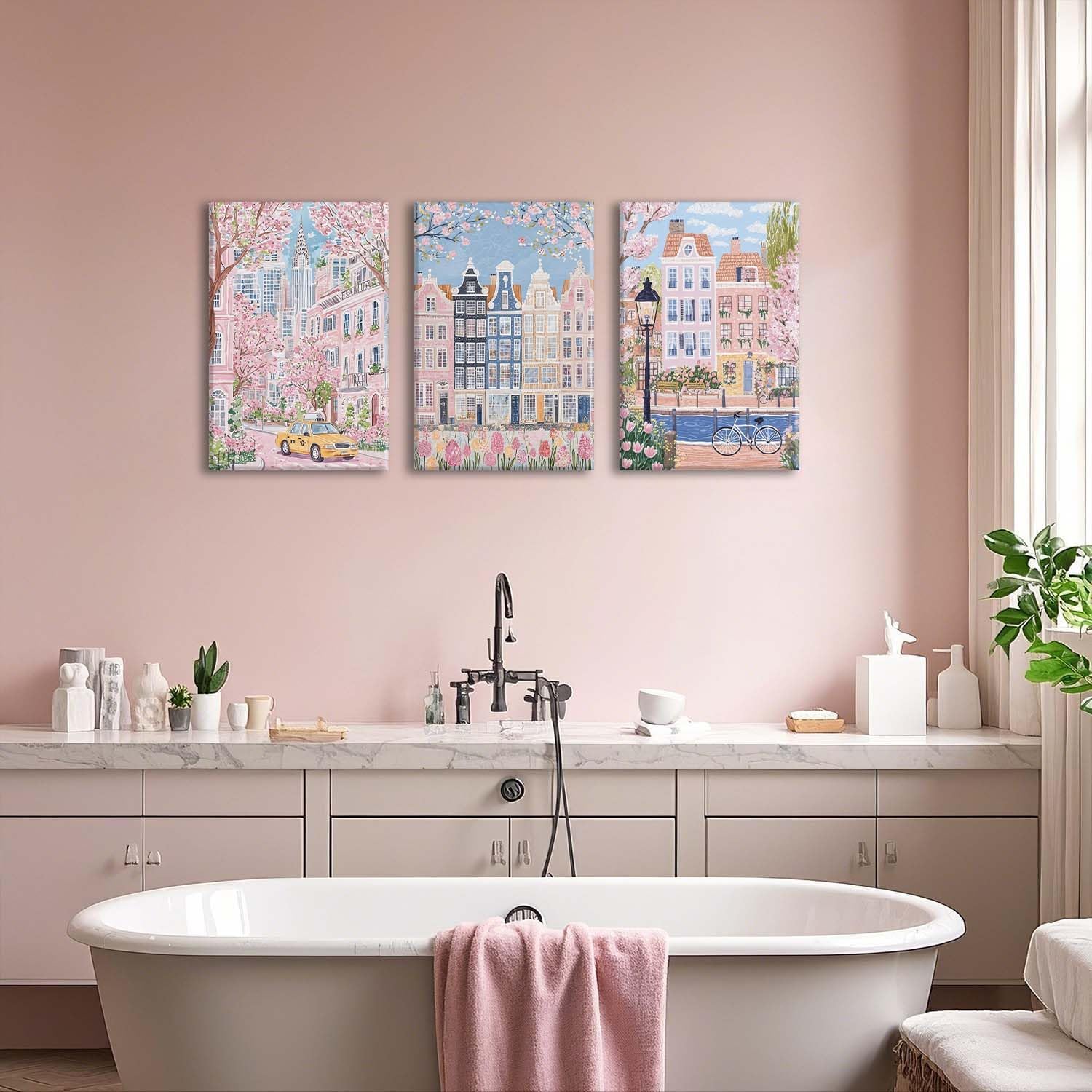 XLARTMY Watercolor City Landscape Travel Wall Art Canvas Framed Pink Cherry Flower Poster Girly Prints Painting Pictures Set of 3 for Bedroom Living Room Office 16x24in