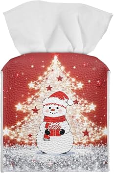 Snowman Tissue Box Holder Christmas Tree Print Tissue Box Cover Cube PU Leather Facial Napkin Holder with Bottom Belt for Bathroom Nightstand Kitchen Hotel, Red