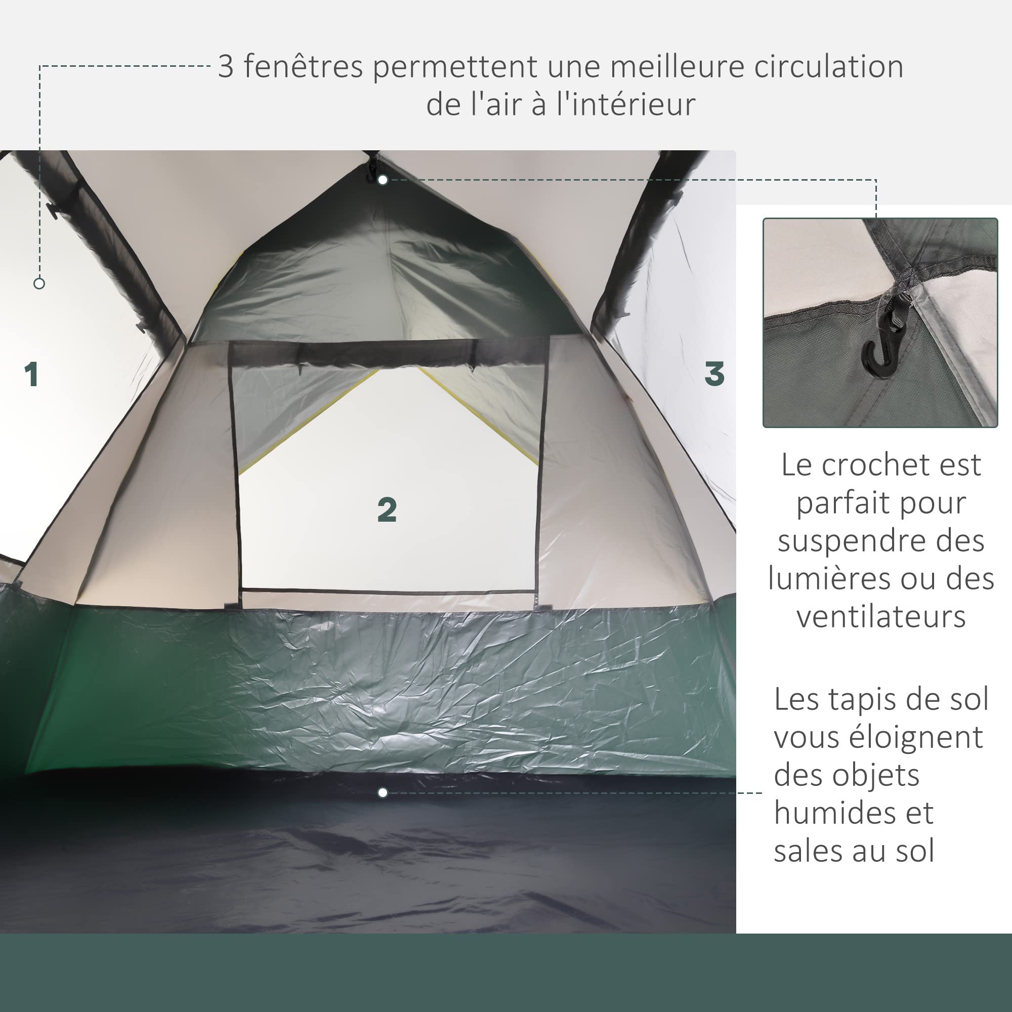 Outsunny Tente de Camping Pop up 3 Personnes avec 3 fenêtres et Porte, Sac de Transport Inclus, Fibre Verre Polyester PE, Gris Vert