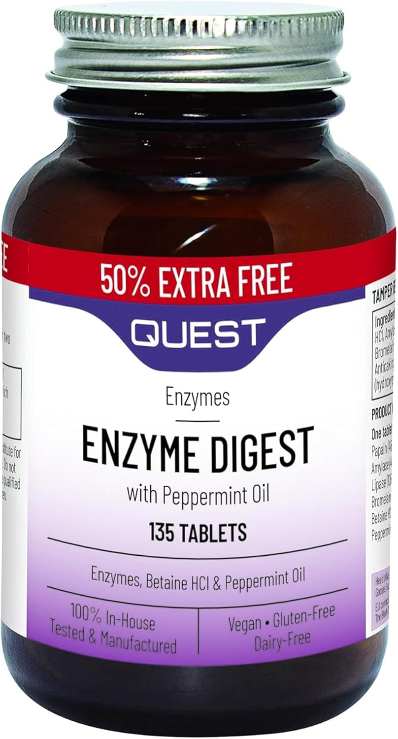 Quest Enzyme Digest With Peppermint Oil & Betaine. 90+45 Vegan Tablets For Bloated Stomach And Indigestion. Dairy & Gluten Free Enzymes Digestion Supplement For Bloating And Heartburn Relief (1 Pack)