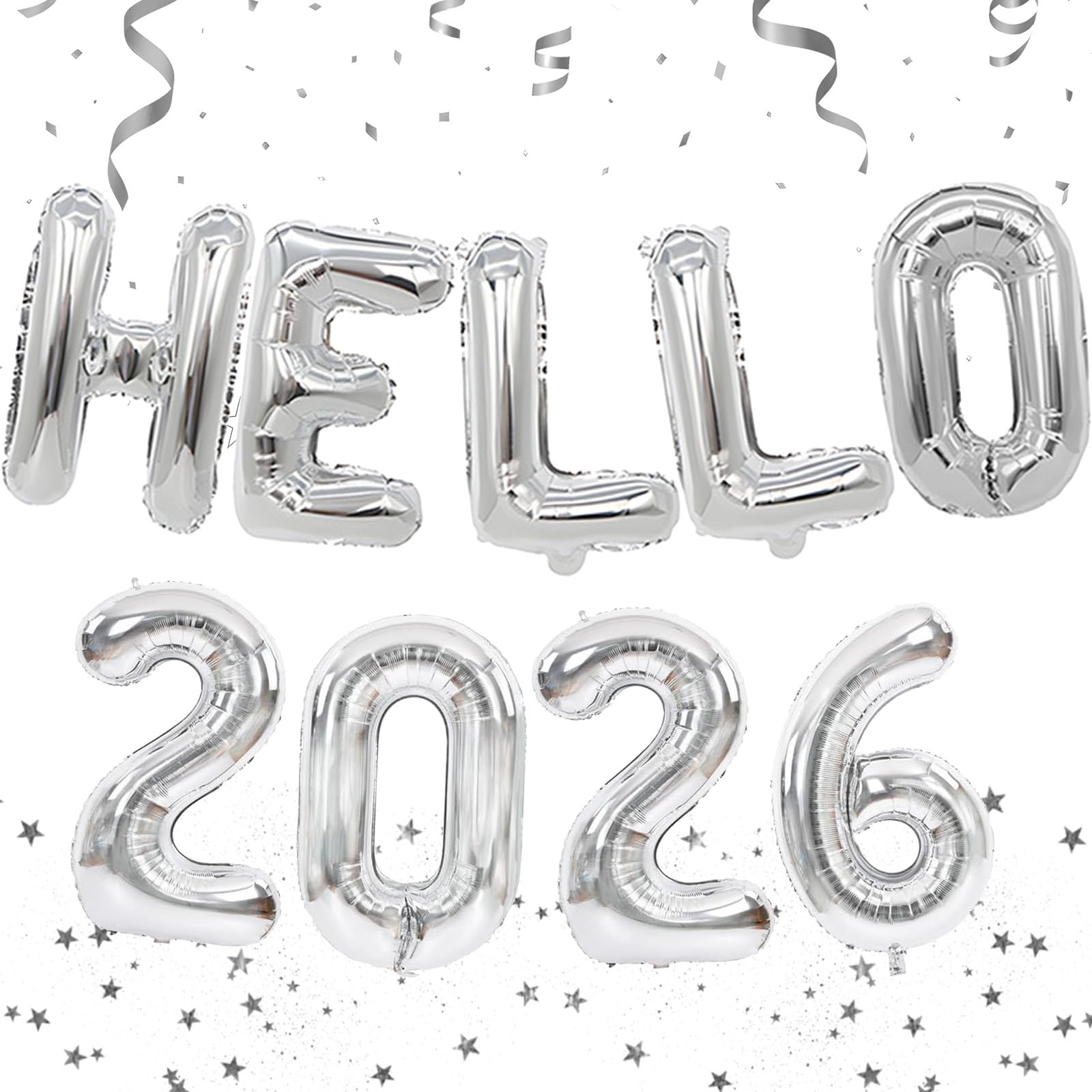 Silver Hello 2026 Balloons, Number 2026 Foil Balloon with HELLO Letter Foil Balloon