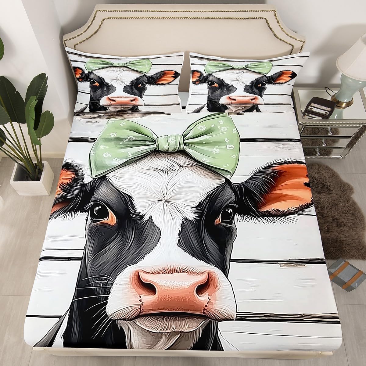 jejeloiu Cow Fitted Sheet for Kids Boys Girls Milk Cow Bedding Set Twin Size Bow Tie Animal Bed Sheets Set Bedroom Decor Soft Farmhouse Green Black and White 3Pcs