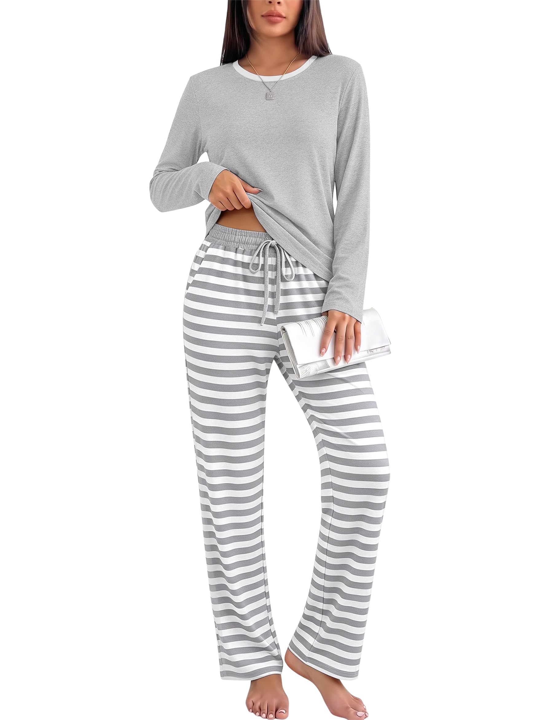 Uniexcosm Damen Schlafanzug Langarm Nachtwäsche Loungewear S-3XL | Damen Schlafanzug mit Langarm-Oberteil, gestreifter Hose und 65% Baumwoll für Nachtwäsche und Zuhause