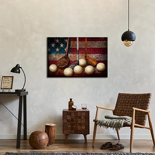 Miniatura 2 de LevvArts Lienzo de golf para pared, diseño vintage de pelota de golf con bandera estadounidense, obras de arte, ocio, deportes, póster, impresiones