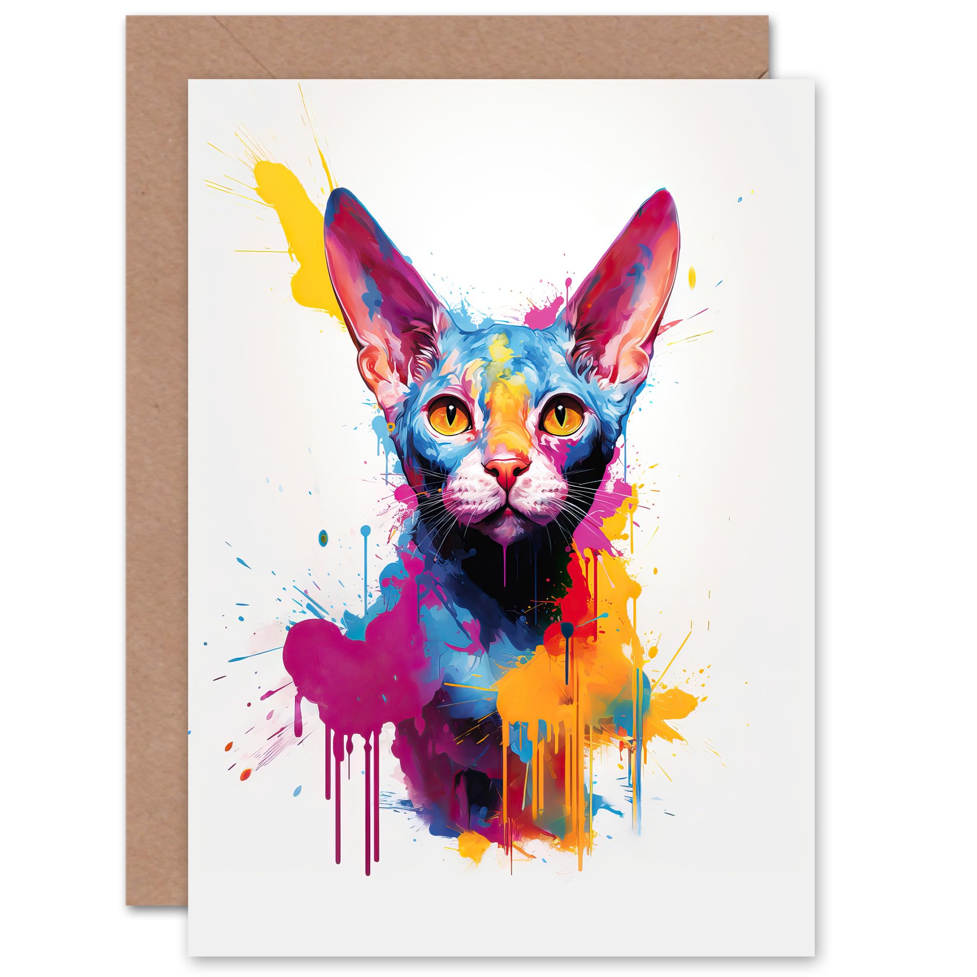 Artery8 Devon Rex Cat Lover Gift Pet Portrait Purple Blue Orange Artwork Painting Sealed Greeting Card Plus Envelope Blank inside