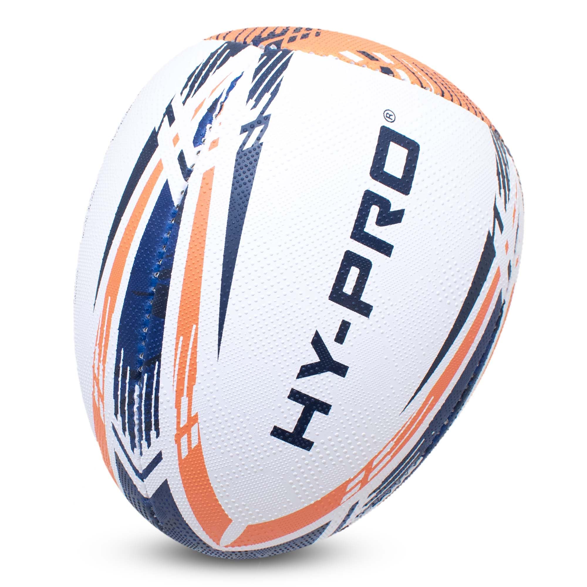 Hy-Pro Rebound Rugby Ball Size 4&5 – Synthetic Rubber, Dual Grain Grip, Hand Stitched, Durable Latex Bladder – Ideal for Passing & Handling Skills Training, White/Blue/Orange