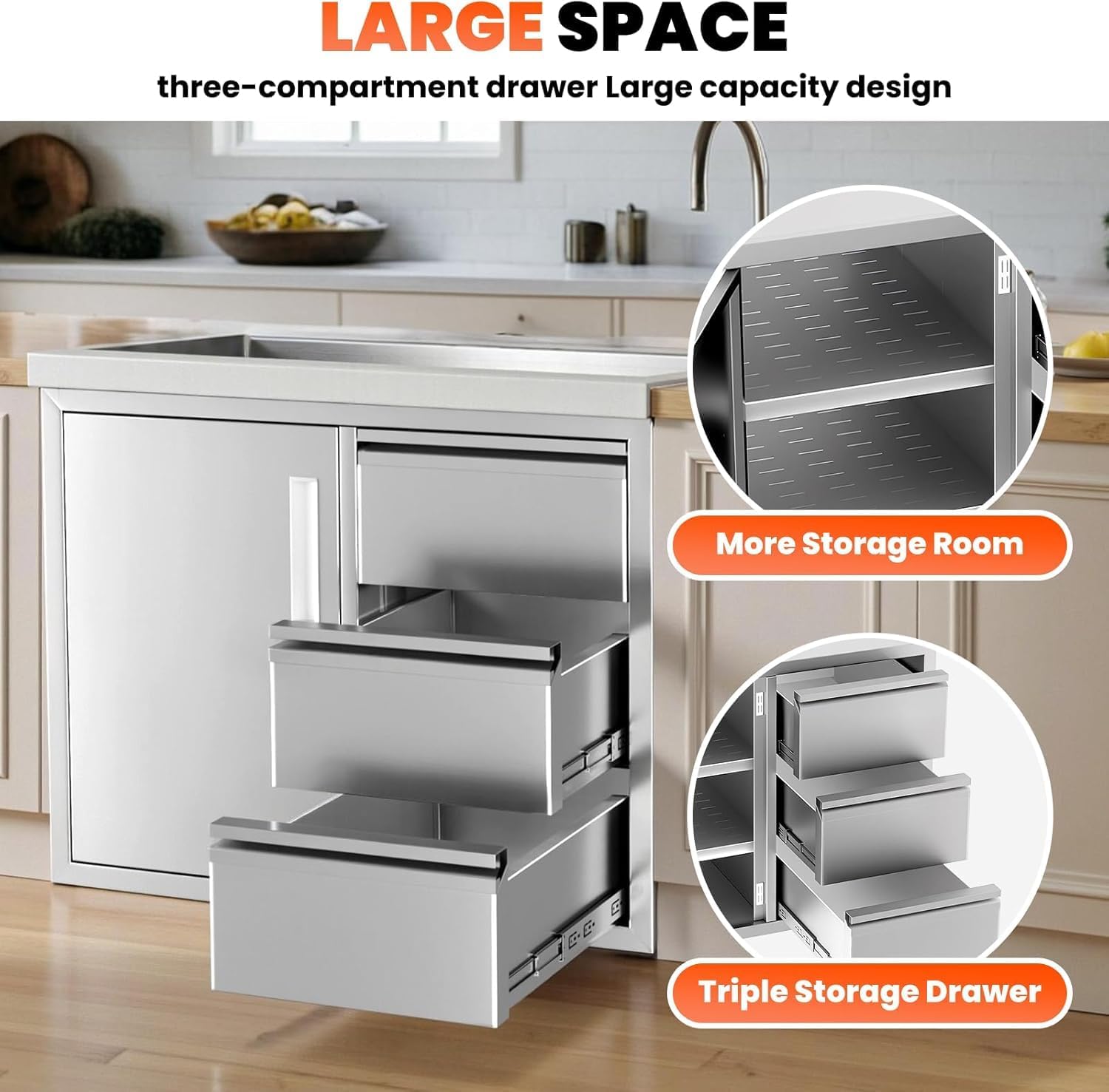 Outdoor Kitchen Built-in Cabinet, 28" Stainless Steel Triple Drawers & Access Door Combo, Rust-Resistant Outdoor Kitchen Drawer for BBQ Island Station
