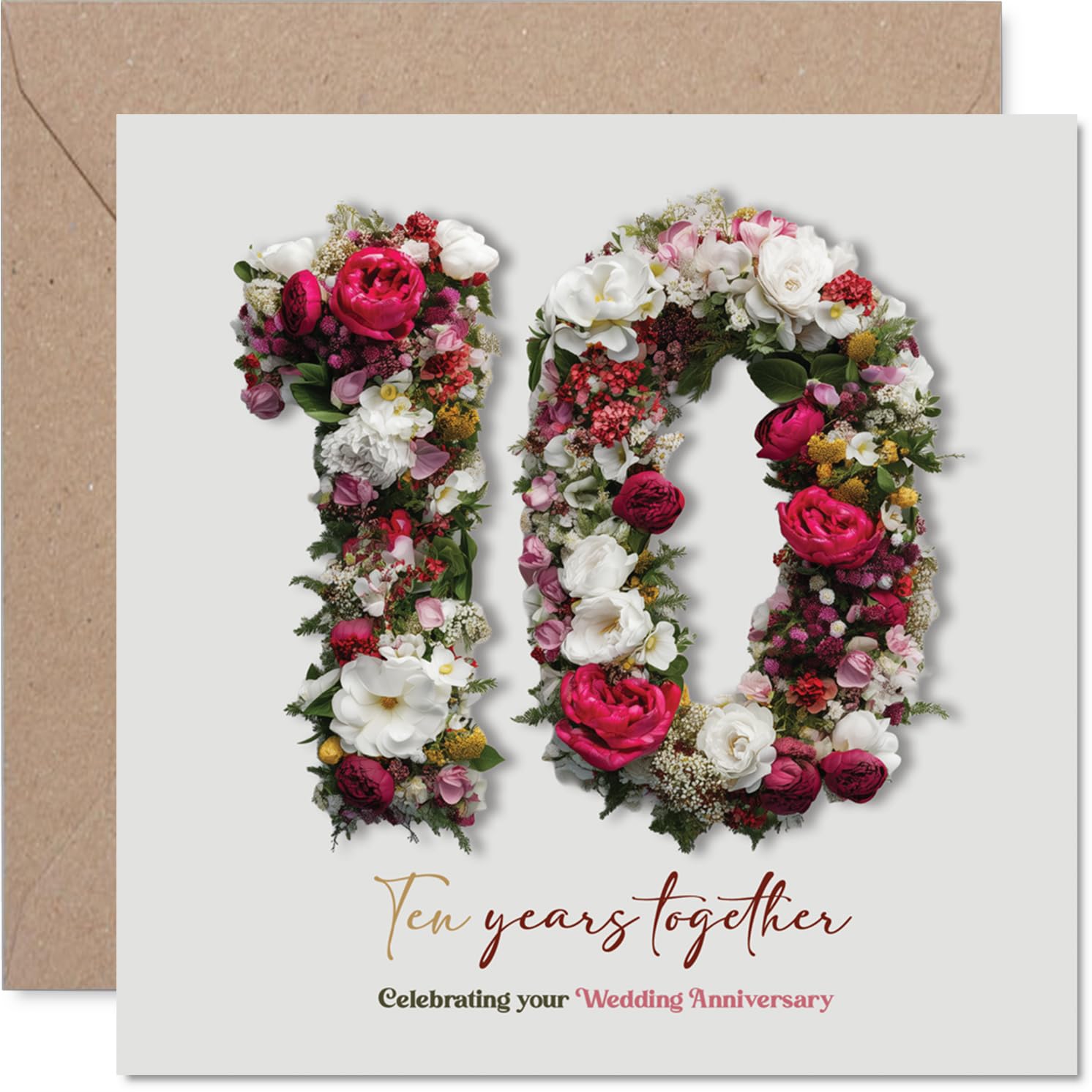 Romantic 10th Anniversary Card - A Decade of Love - Elegant Floral '10' Design in Soft Pinks and Greens - 145mm Square, Envelope Included