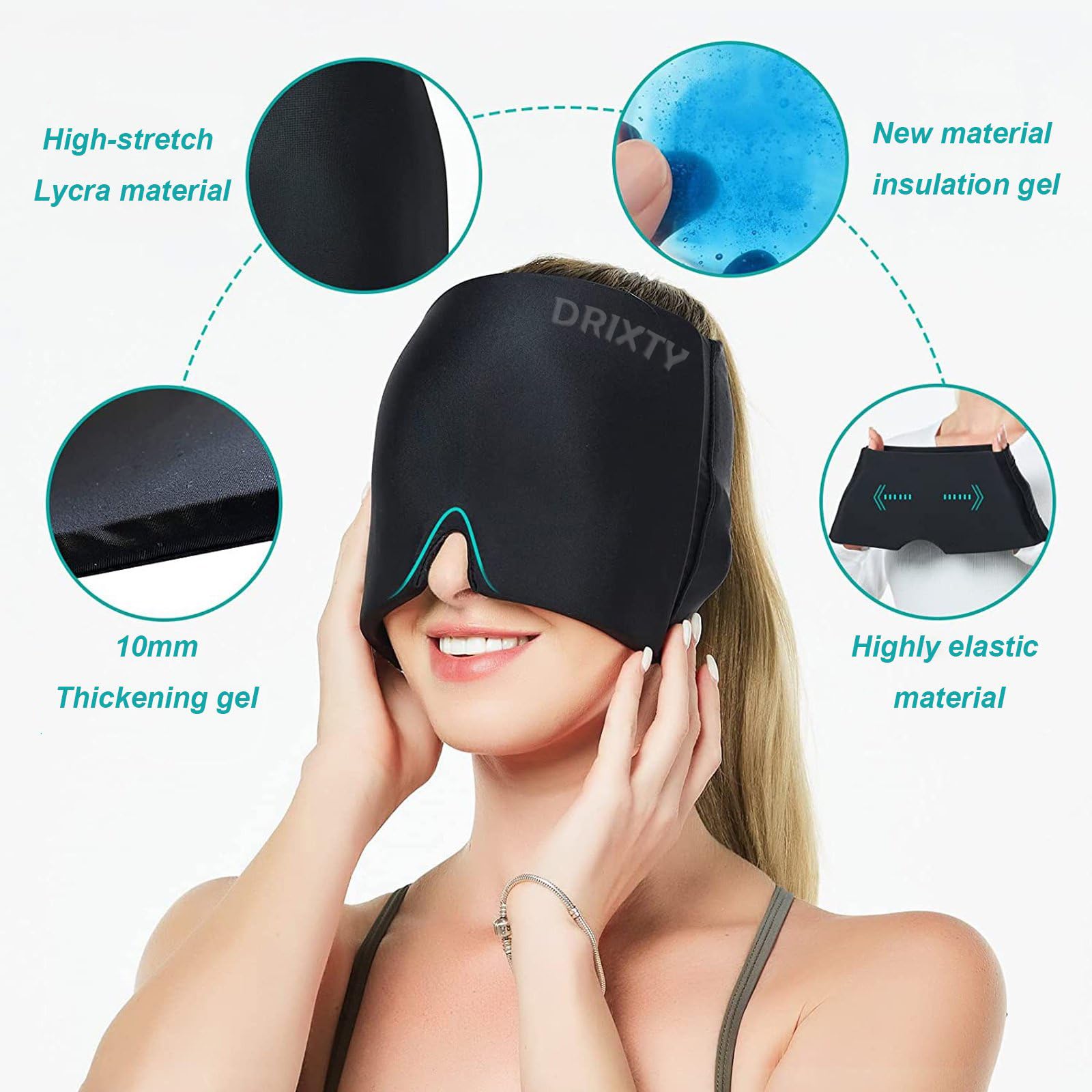 DRIZA Upgraded Wearable Hat for Migraine Headache Relief: 360° Compression, Hot/Cold Therapy, Odorless Gel, 4 Layer/Stretchable Mask, Sinus & Tension Relief, Comfortable for Men and Women (Multi) 2