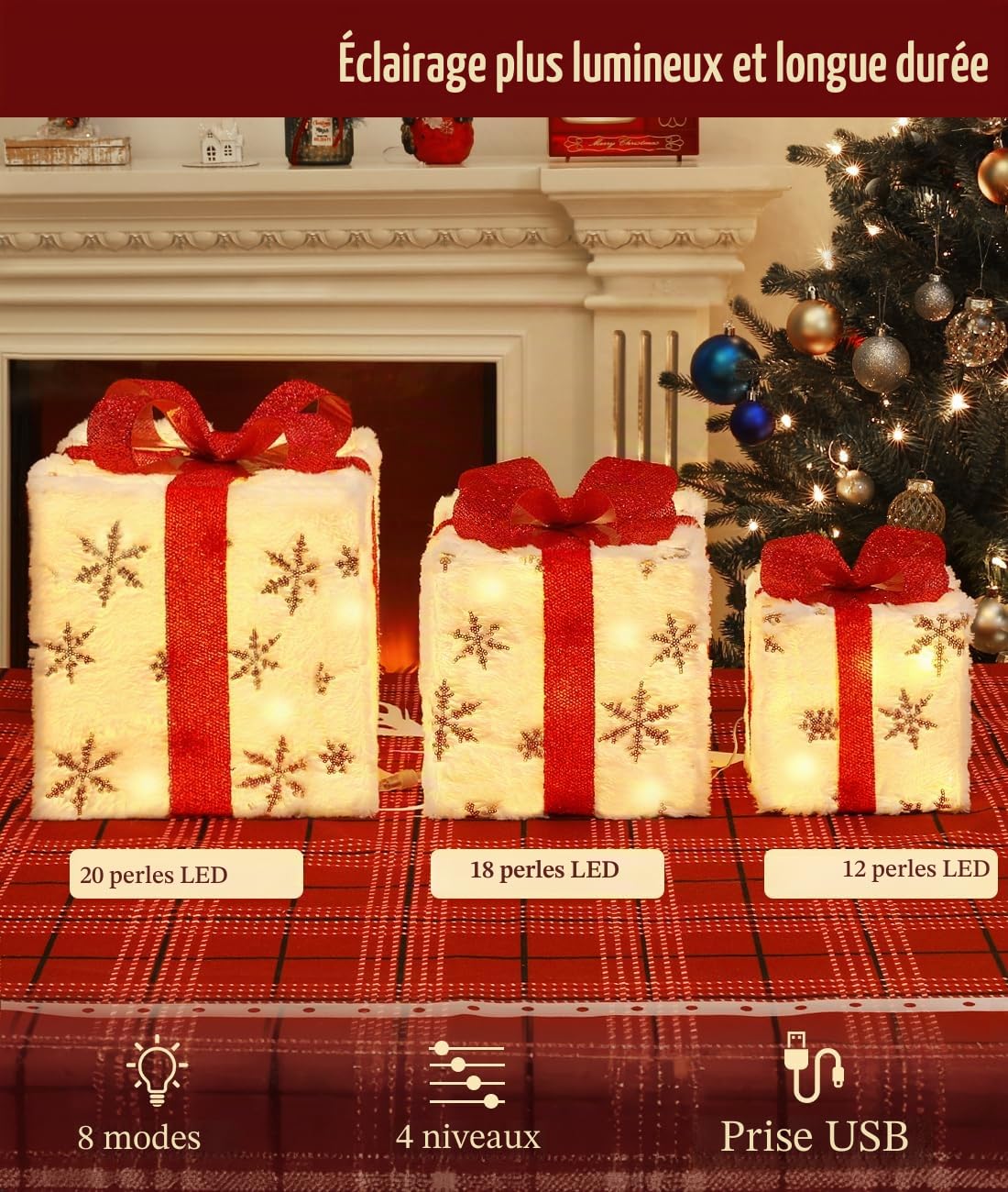 Coffrets Cadeaux de Noël Illuminés, 3 PCS Grandes Décorations pour Intérieur et Extérieur avec Télécommande, USB Plug in, Cadeau avec Flocon de Neige et Nœuds, Décoration pour Maison Véranda Pelouse