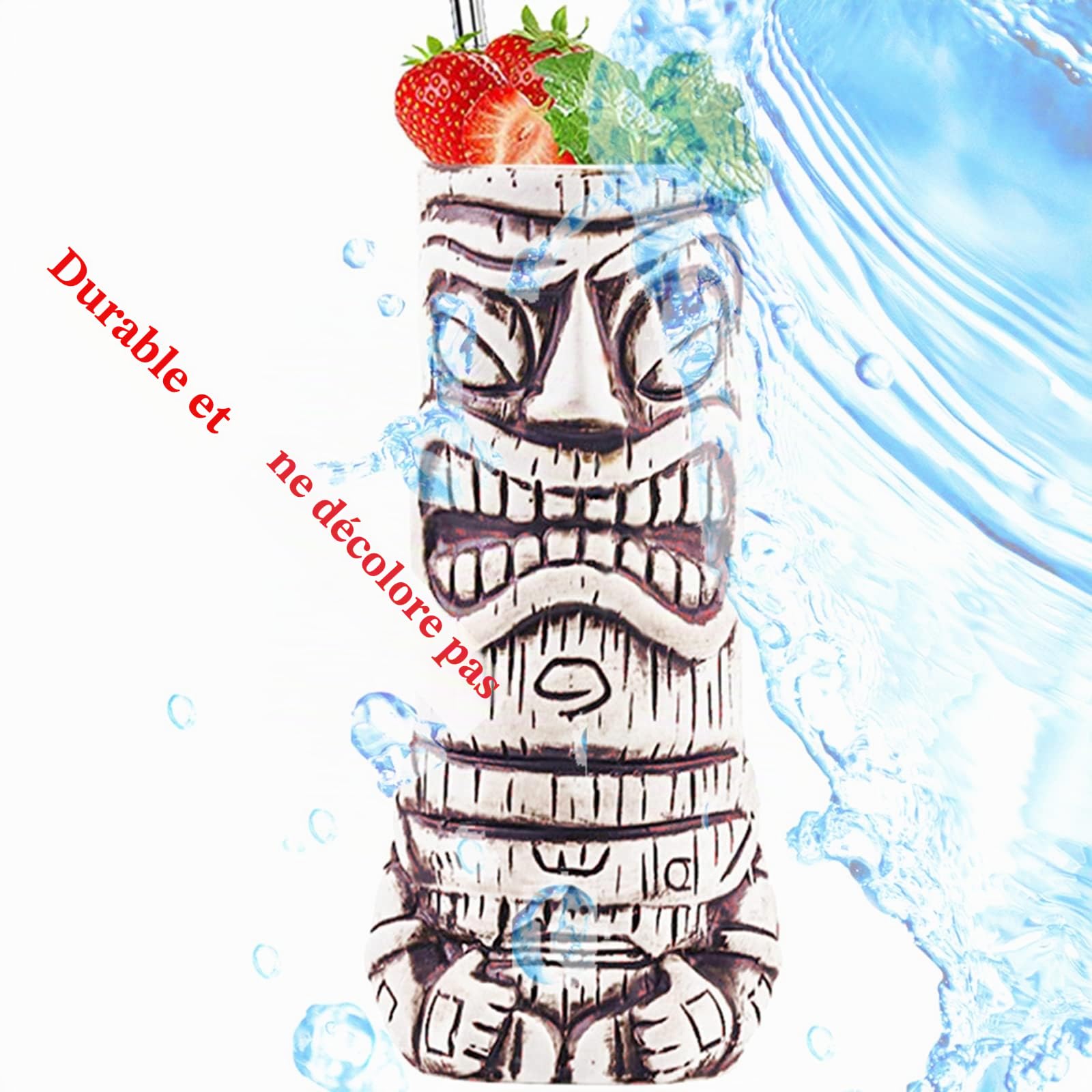 tiki Cocktails Tiki Mugs Ensemble de 4 Tasses à Cocktail en Céramique Verres à Cocktail Exotiques Tiki Bar Professionnel Hawaiian Party Barware tiki mug reutilisable,Beige