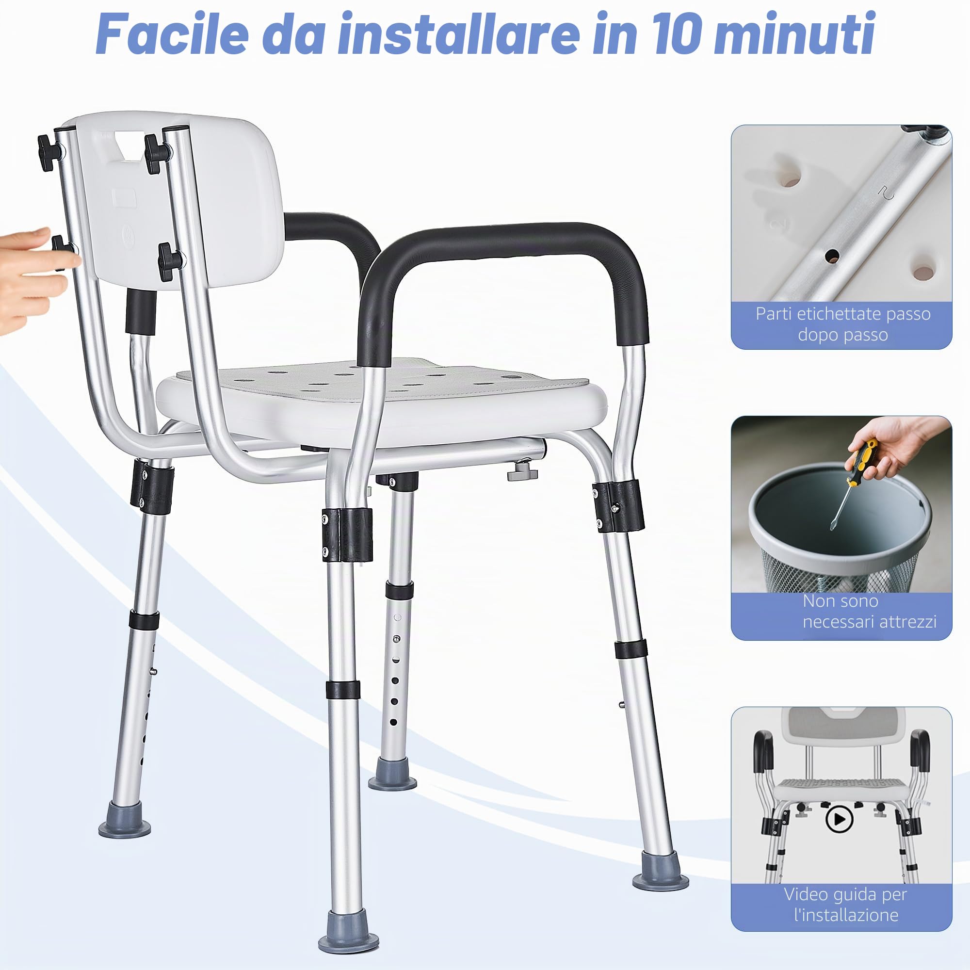 Sedia per Doccia per Anziani e Disabili, Sgabello Doccia con Braccioli e Schienale Rimovibile, Sedile per Vasca da Bagno Antiscivolo Regolabile in Altezza, portata fino a 150 Kg