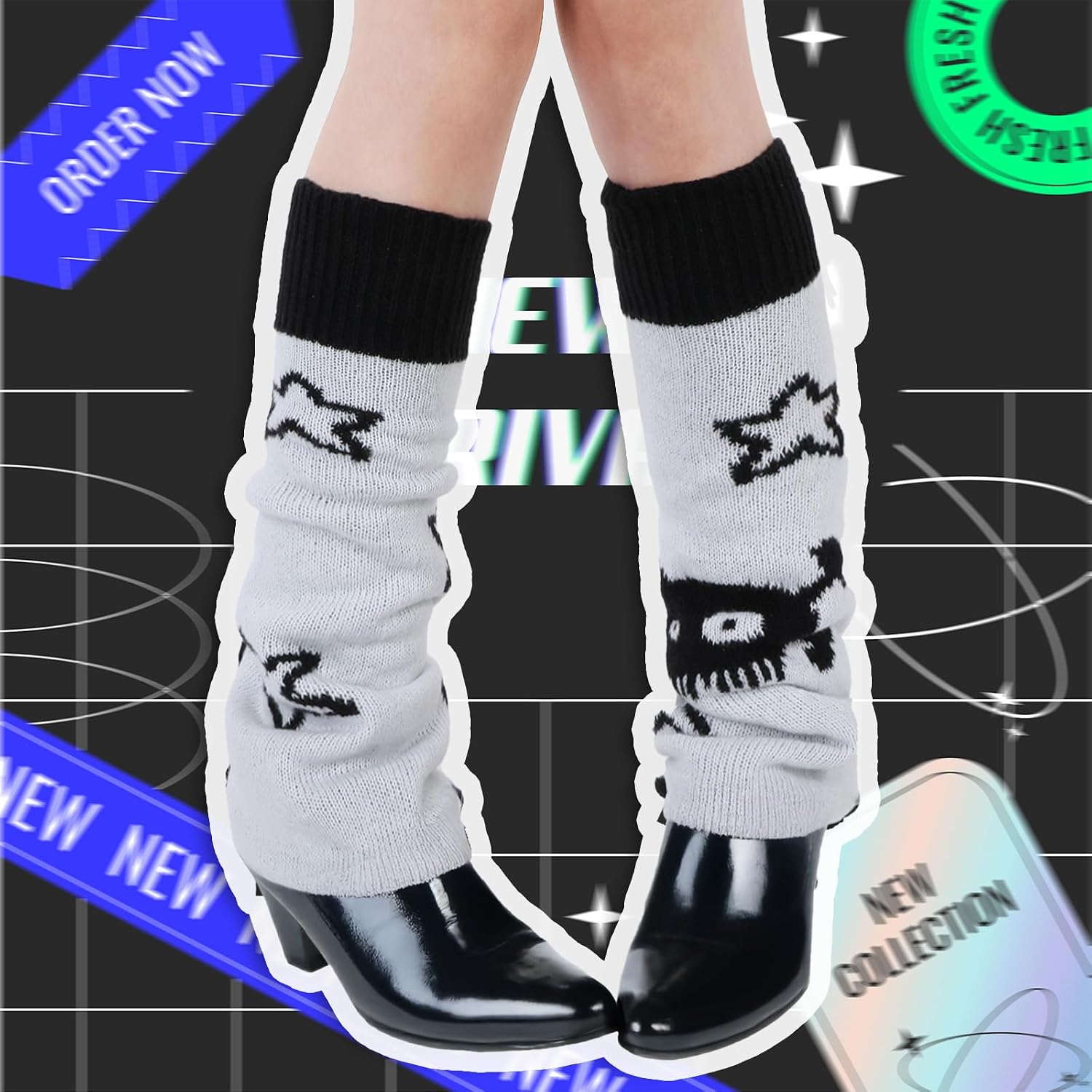 Nogeqi Star Black Leg Warmers for Girls,Skelanimals Leg Warmers Y2k,Gothic Skull Print Legwarmers,Wear Both Sides Kawaii Legs Warmer Fluffy,Gothic Accessory for Women and Girl (Double-Sided)