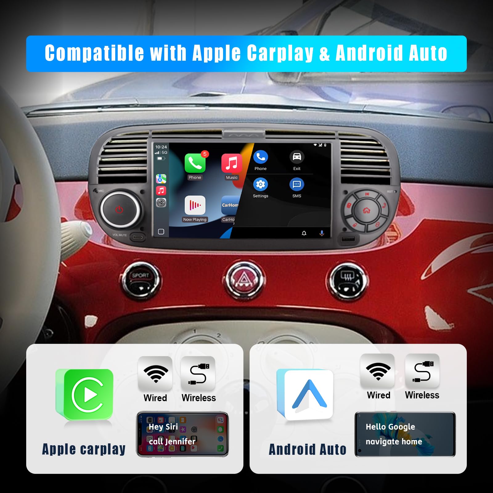Autoradio per FIAT 500 radio con schermo touchscreen USB Bluetooth FM/AM Linux Sistema doppio din stereo auto con Carplay wireless/Android Auto (Black)