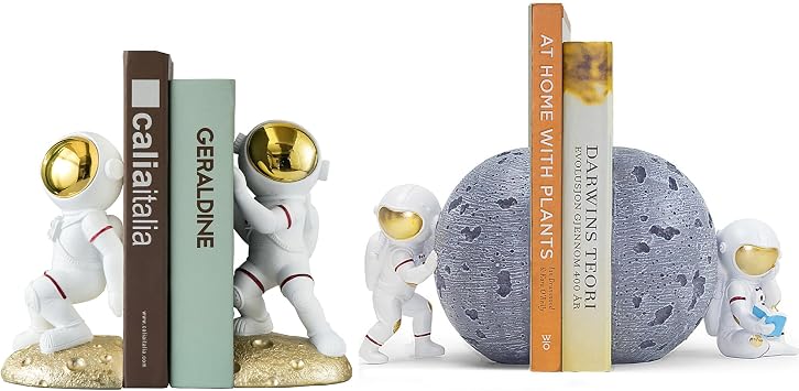 Space Themed Decorative Bookends - Astronaut Moon Theme Silver, Black, White - 2 Pieces