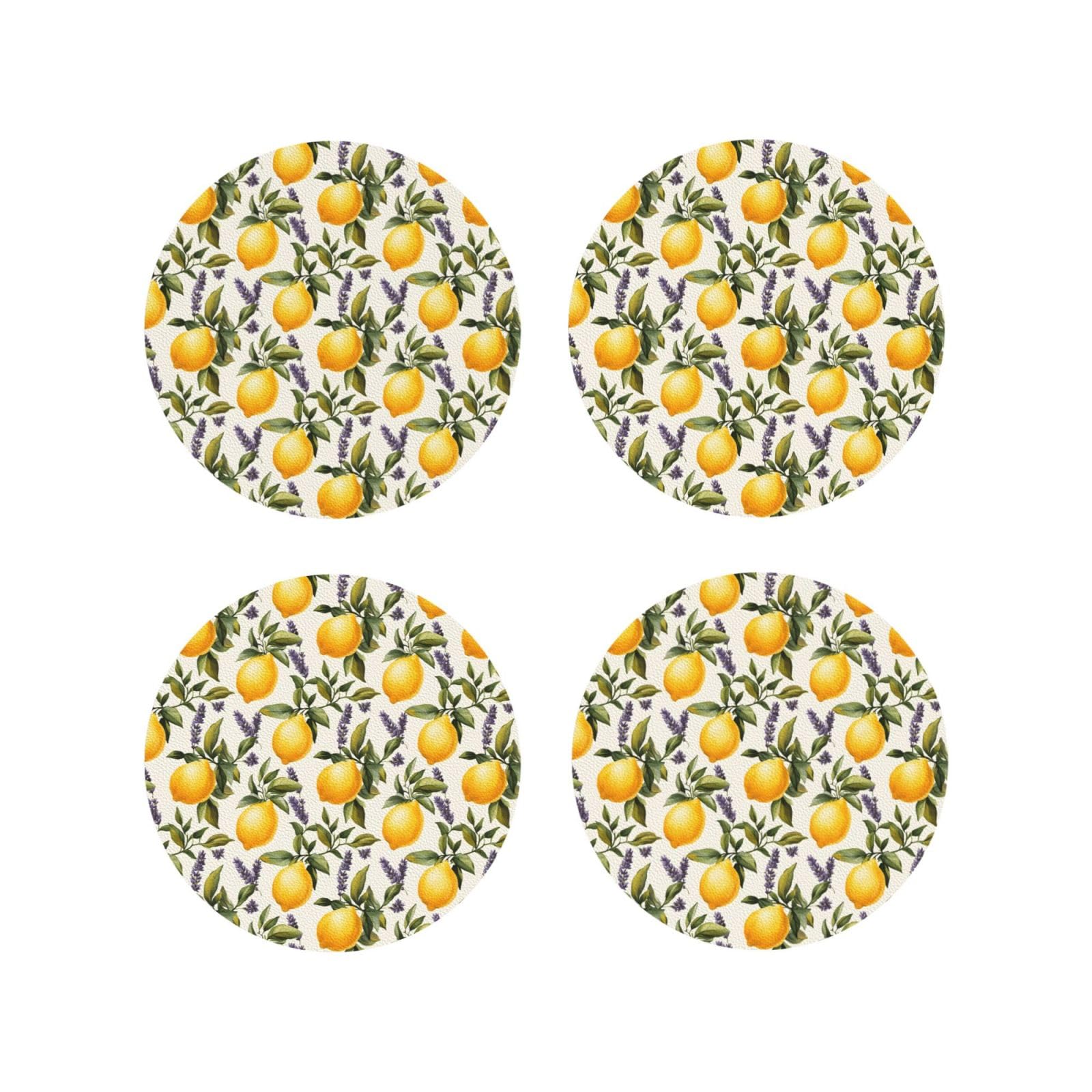 Leather Coasters Set of 4 - Lavender Lemon 1 Print Lightweight Drink Coasters for Desk