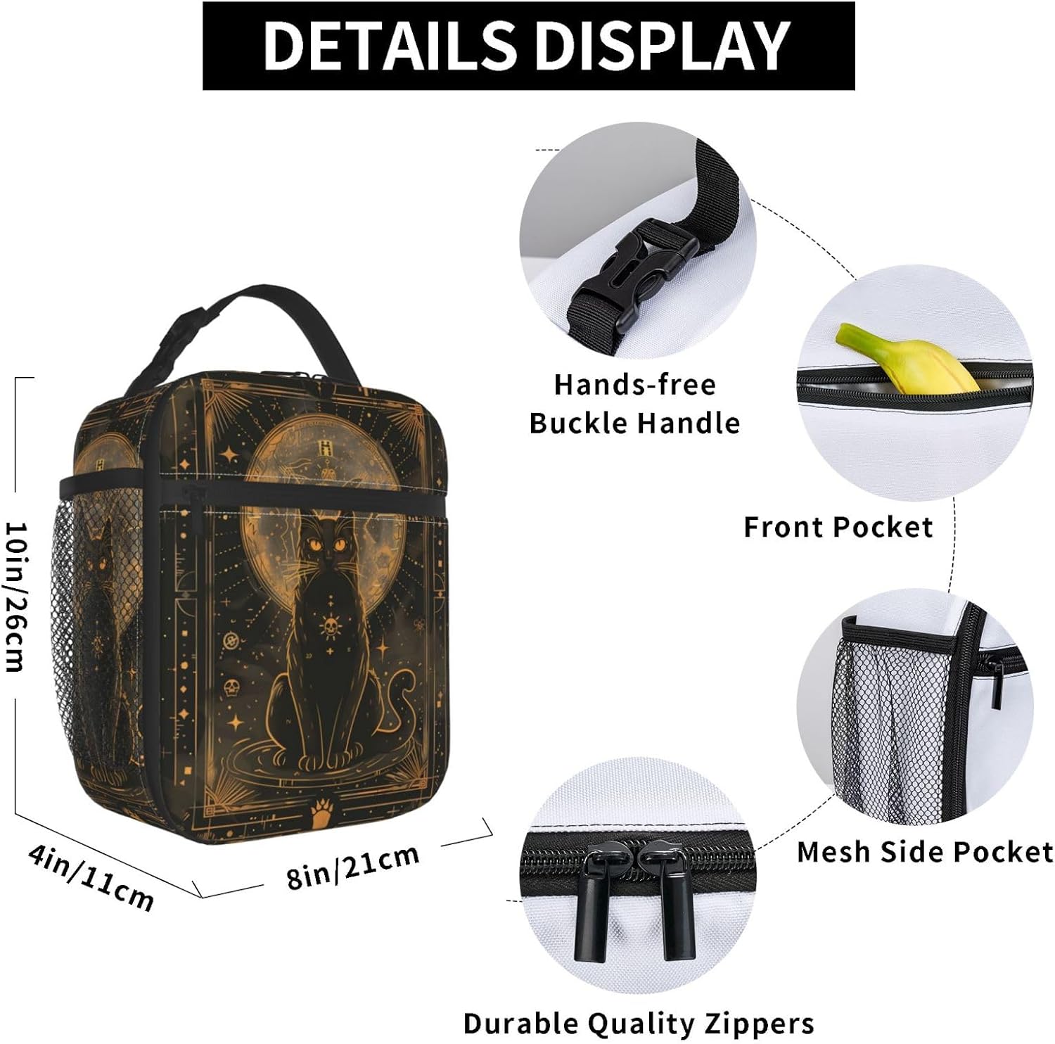 Insulated Lunch Box for Girls Men Boys Women Cat Lunch Box for Work,Picnic,School,Travel,Hiking,Beach or Fishing Polyester Tarot Black Cat Theme Lunch Bag