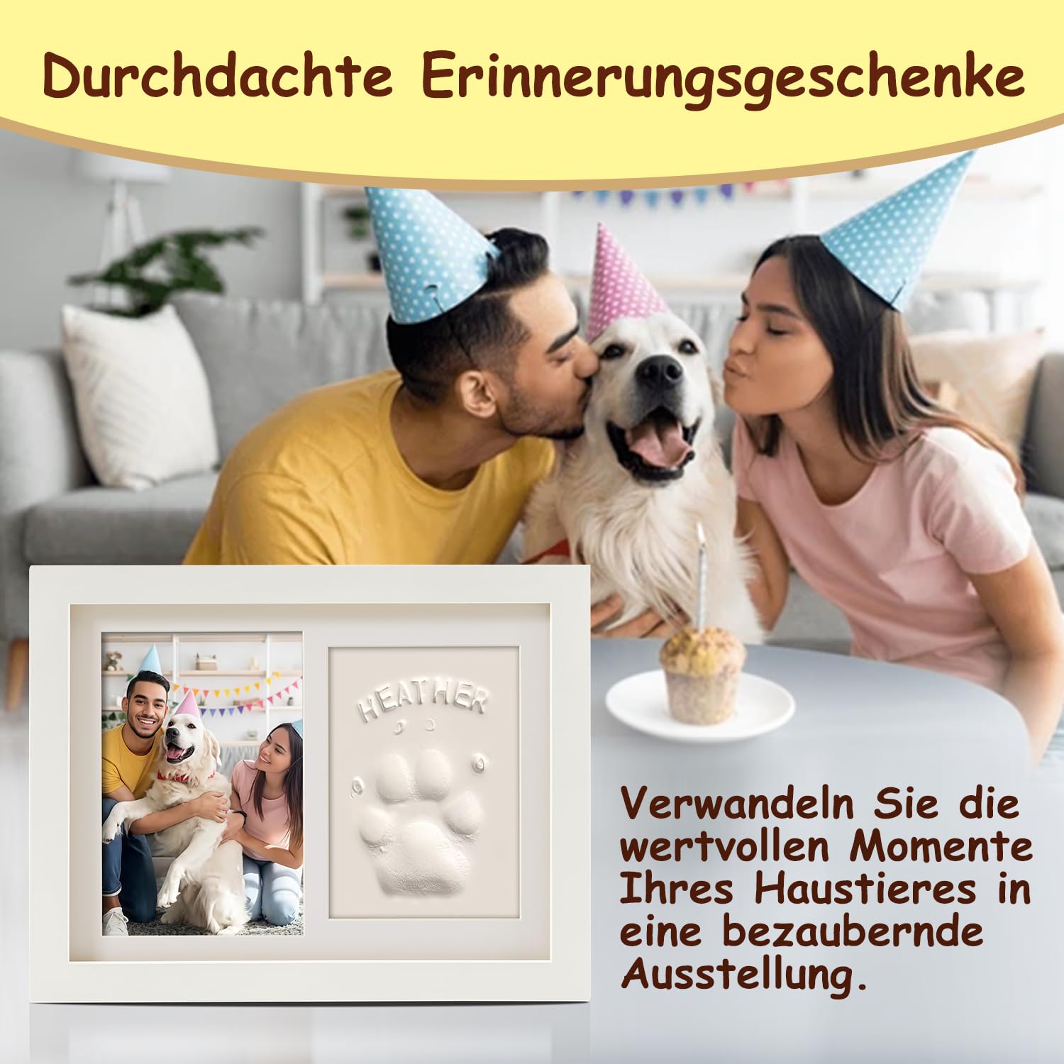 Gedenkrahmen Hund und Katze, Pfotenabdruck Set Hund Katze Fotorahmen mit Ton Impressum Kit und Foto-Display für 6 x 4“ Foto, Perfekte Andenken Geschenk für Tierbesitzer-Weiß