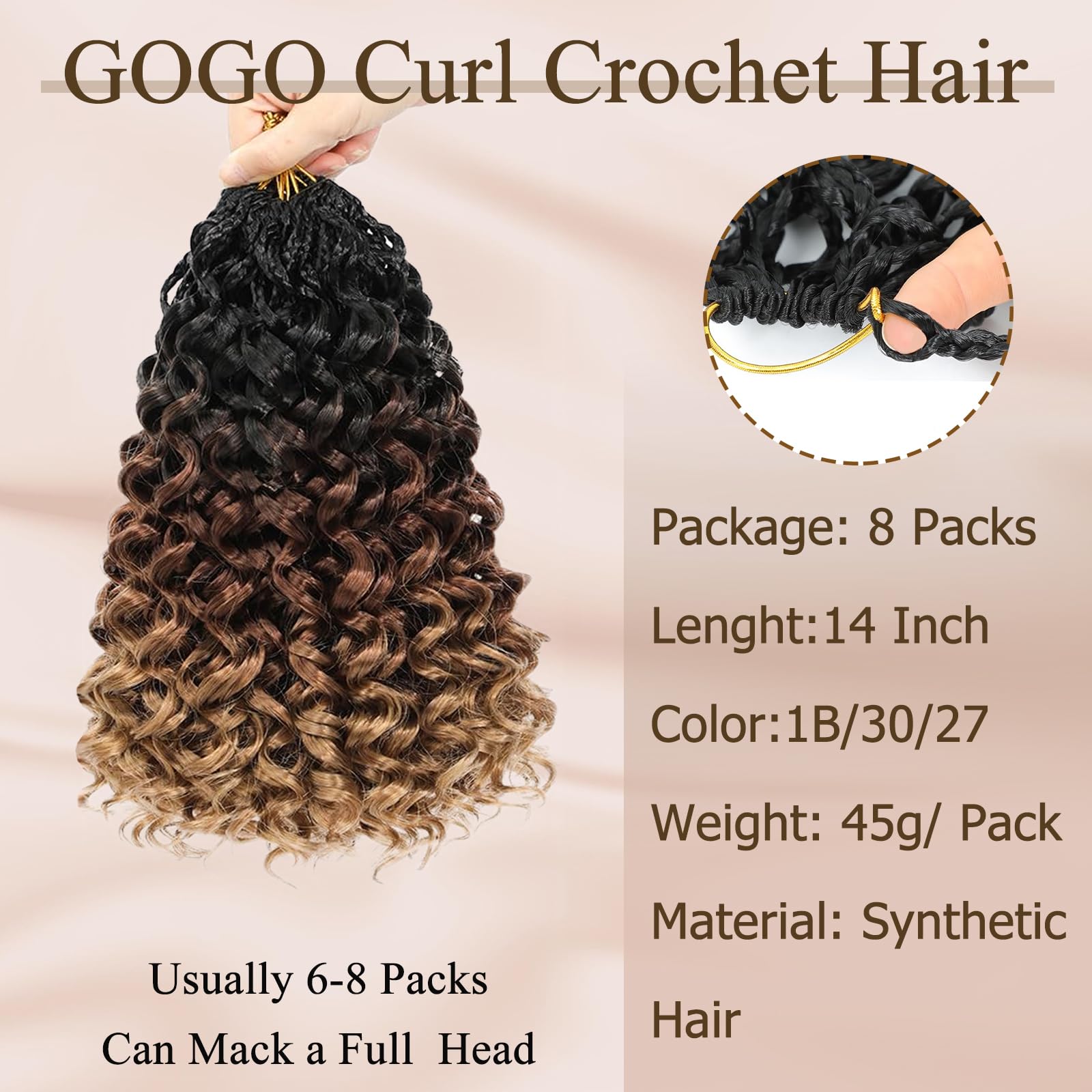 Herkeymidy GoGo Curl Crochet Hair 14 Inch 8 Packs Pre Looped Ocean Wave Crochet Hair Deep Twist Crochet Synthetic Braiding Hair for Women (1B/30/27 - Image 2