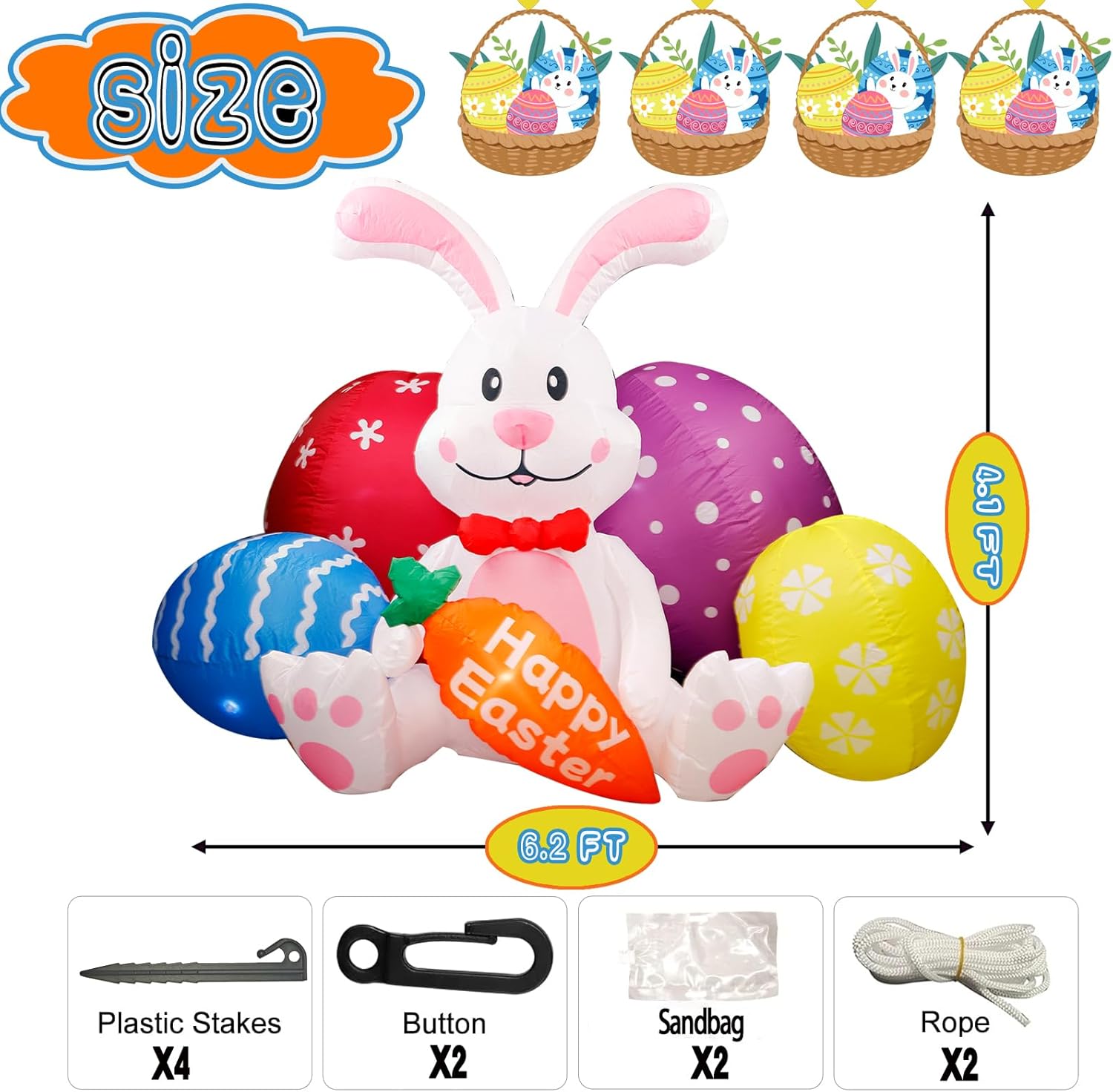 6.2FT Width Inflatables Easter Rabbit Outdoor Decor, Happy Easter Bunny and 4 Colorful Eggs Build-in 6 LEDs Indoor Outdoor Decoration Blow Up for Yard Decorations, Garden, Lawn