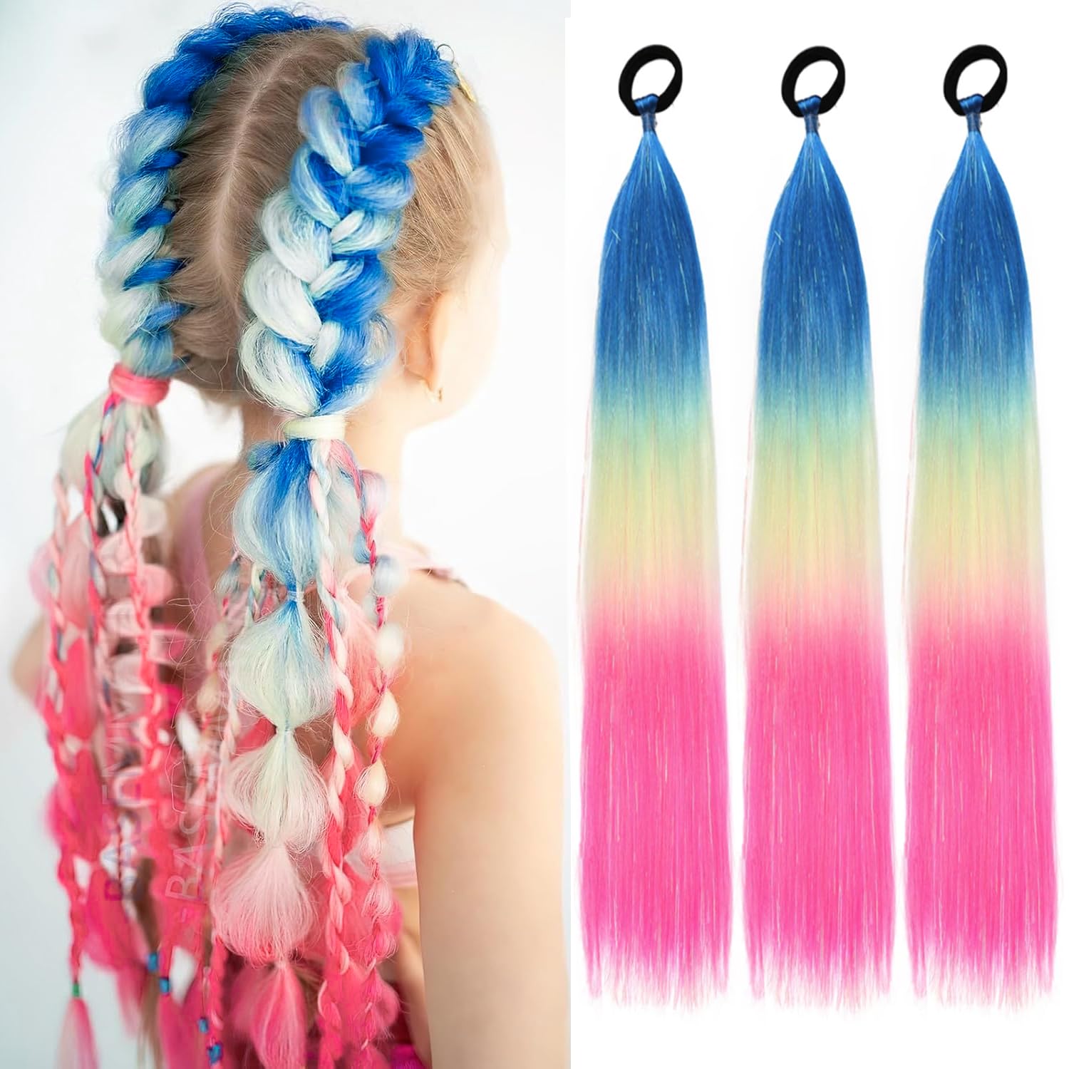 PORSMEER 3 Packs Ponytail Extension 24 inch Blue/Yellow/Pink Colored Hair Extensions Glitter Tinsel Mixed for Braiding Ombre Pony Tail for Braids with Hair Tie Glitter Hair for Festival/Party