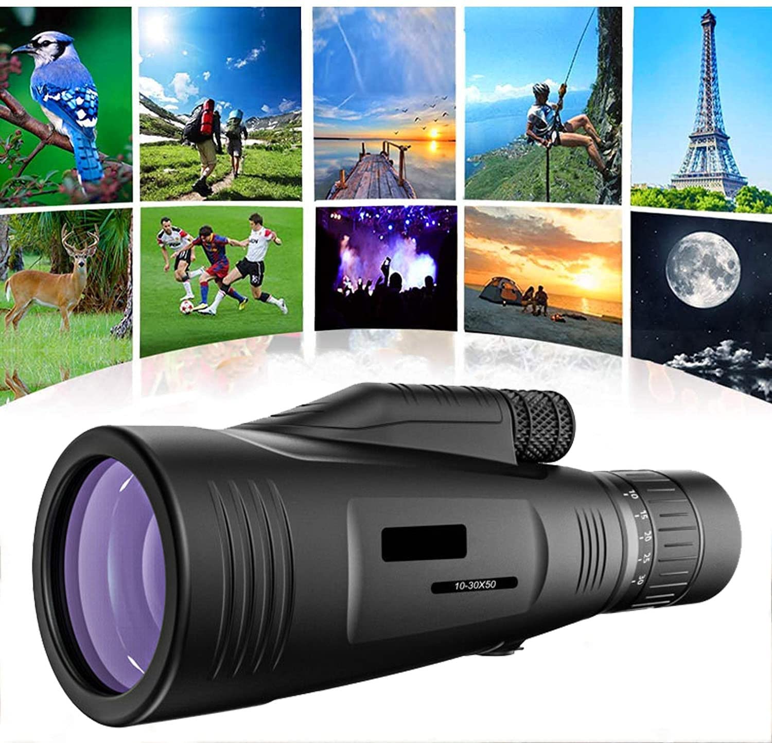 10–30 x 50 Monokular-Teleskop mit Smartphone-Halterung, Stativ für Erwachsene, wasserdichtes tragbares HD-Objektiv, Prisma-Monokular-Zielfernrohr mit klarem Objektiv für die Vogelbeobachtung, Jagd, W
