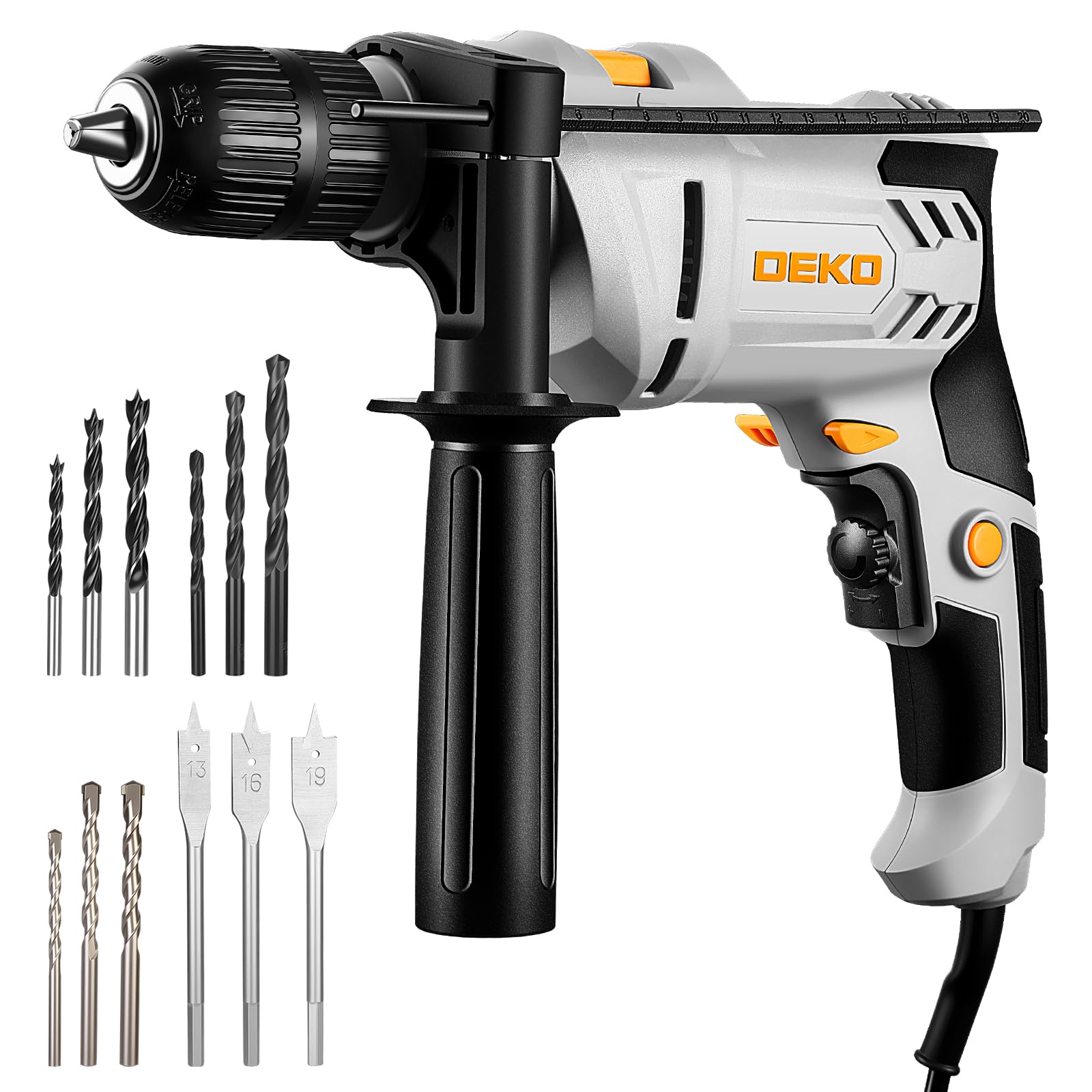 710W Corded Hammer Drill: DEKOPRO 0-3000RPM Electric Drill Corded with 13mm Chuck, 360°Adjustable Handle, 14pcs Accessories,Variable Speed for Concrete, Masonry, Wall,Wood and Soft Metals