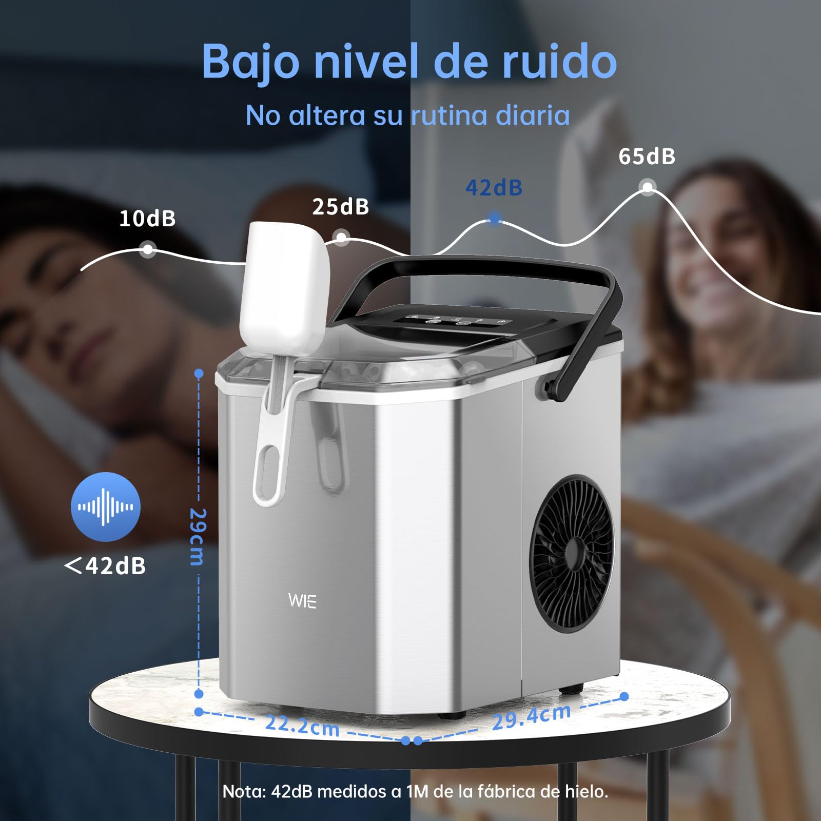 WIE Máquina de Hielo, 1.5L Autolimpiable Máquina para Hacer Hielo, 2 Tamaños de Hielo, 9 Cubitos Listos en 6 Minutos, con Asa, pala y Cesta para Hielo, Ideal para Cocina/Oficina/Bar, Acero Inoxidable