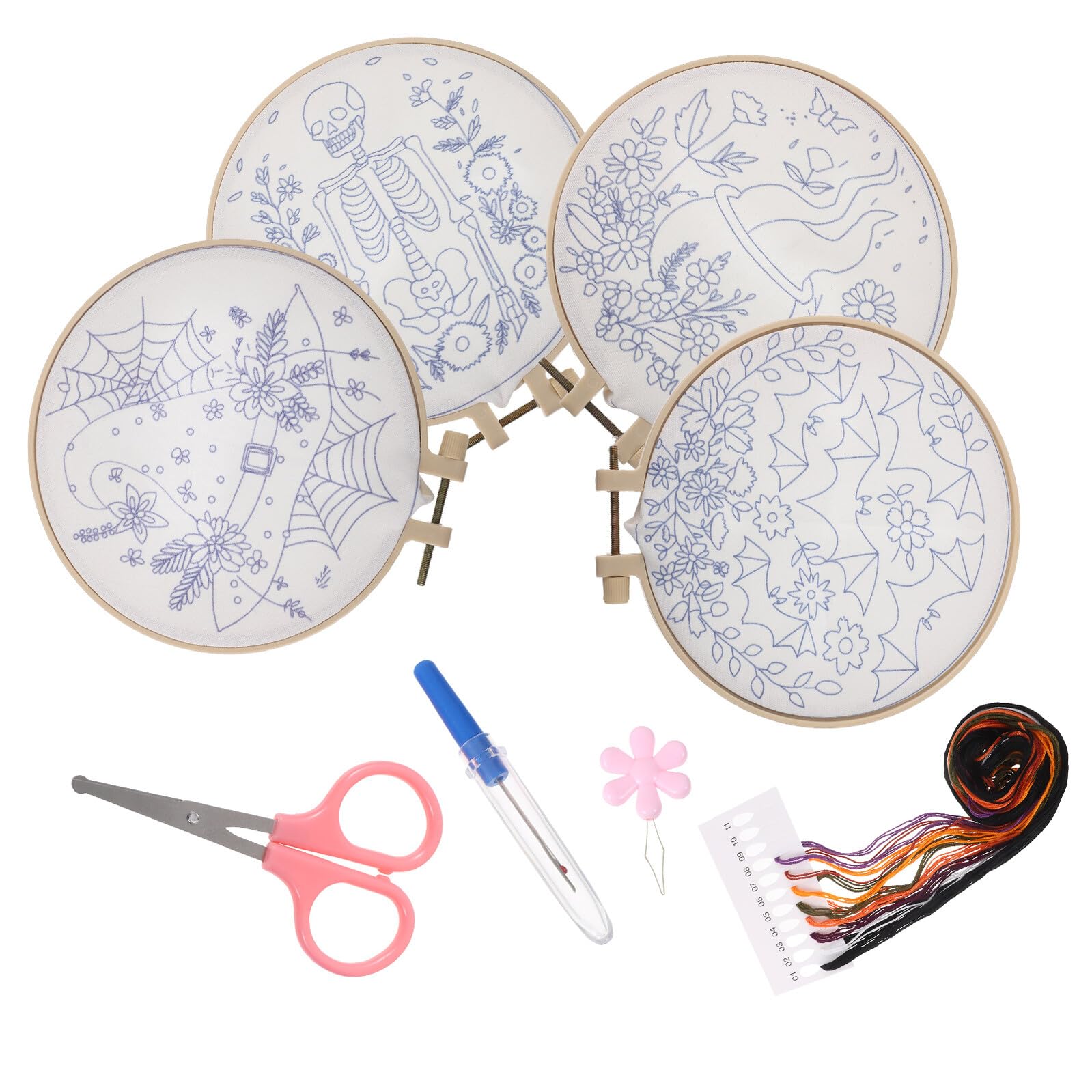 BCOATH Kit de Bordado de Halloween para Principiantes con 4 Patrones Temáticos Hilo Incluido Tela Estampada y Aguja Mágica Adecuado para Manualidades Creativas y Decoración Otoñal