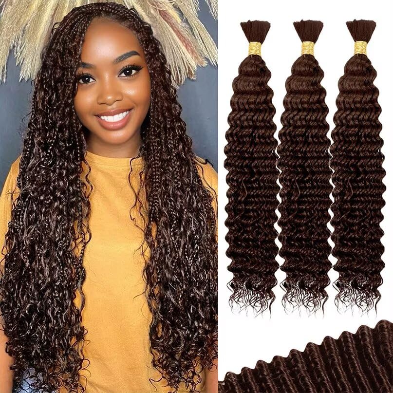 12A #4 Chocolate Brown Human Braiding Hair for Boho Braids 3 Bundles 14 Inch 100g Deep Wave Braiding Hair for Bohemian Knotless Braids 100% Unprocessed Virgin Bulk Hair Extensions No Weft