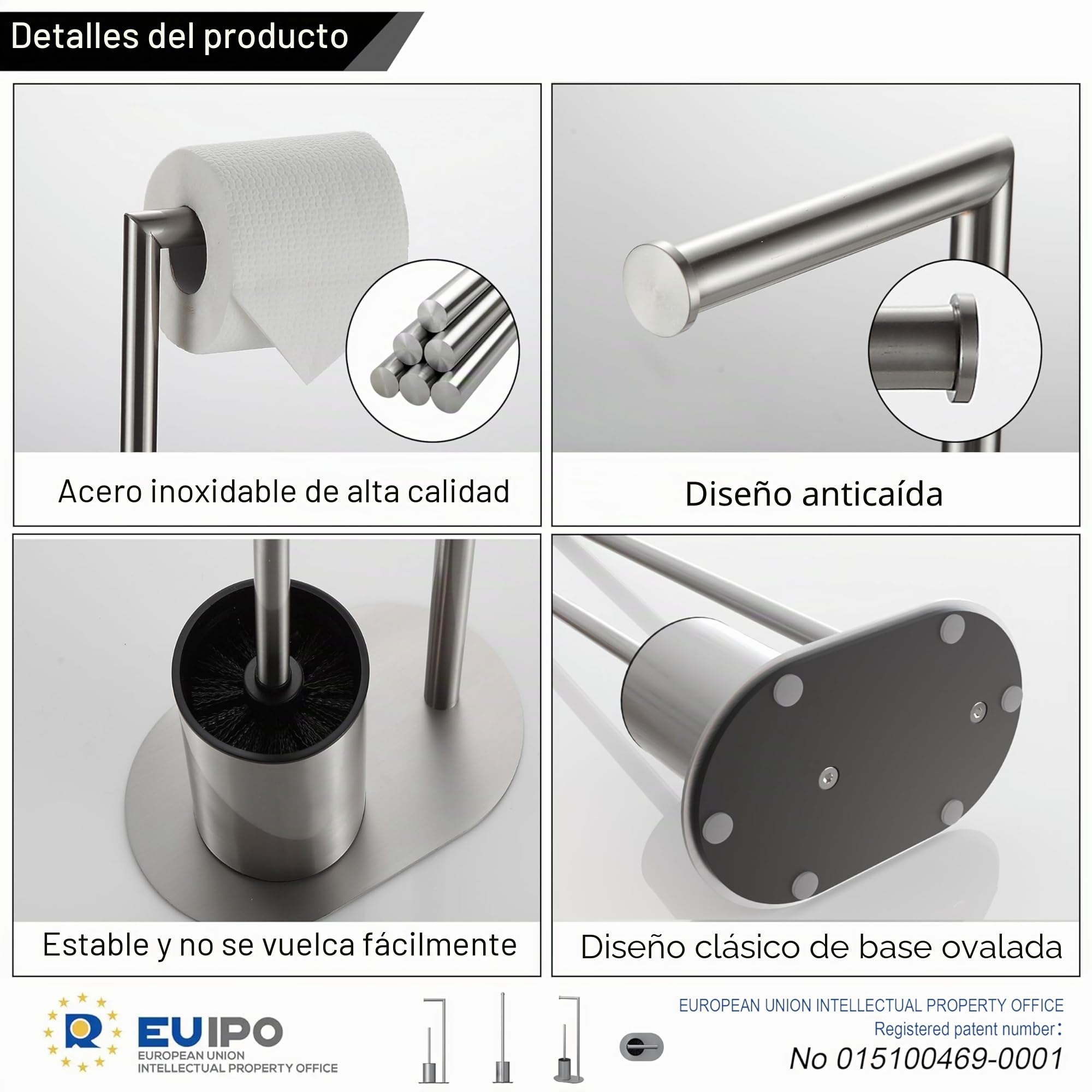 BVL Soporte para Papel Higiénico Y Escobilla Cepillado, Soporte para Papel Higiénico con Escobilla de Acero Inoxidable, Diseño Elíptico Portarrollos de Papel Higiénico de Pie con Escobillero