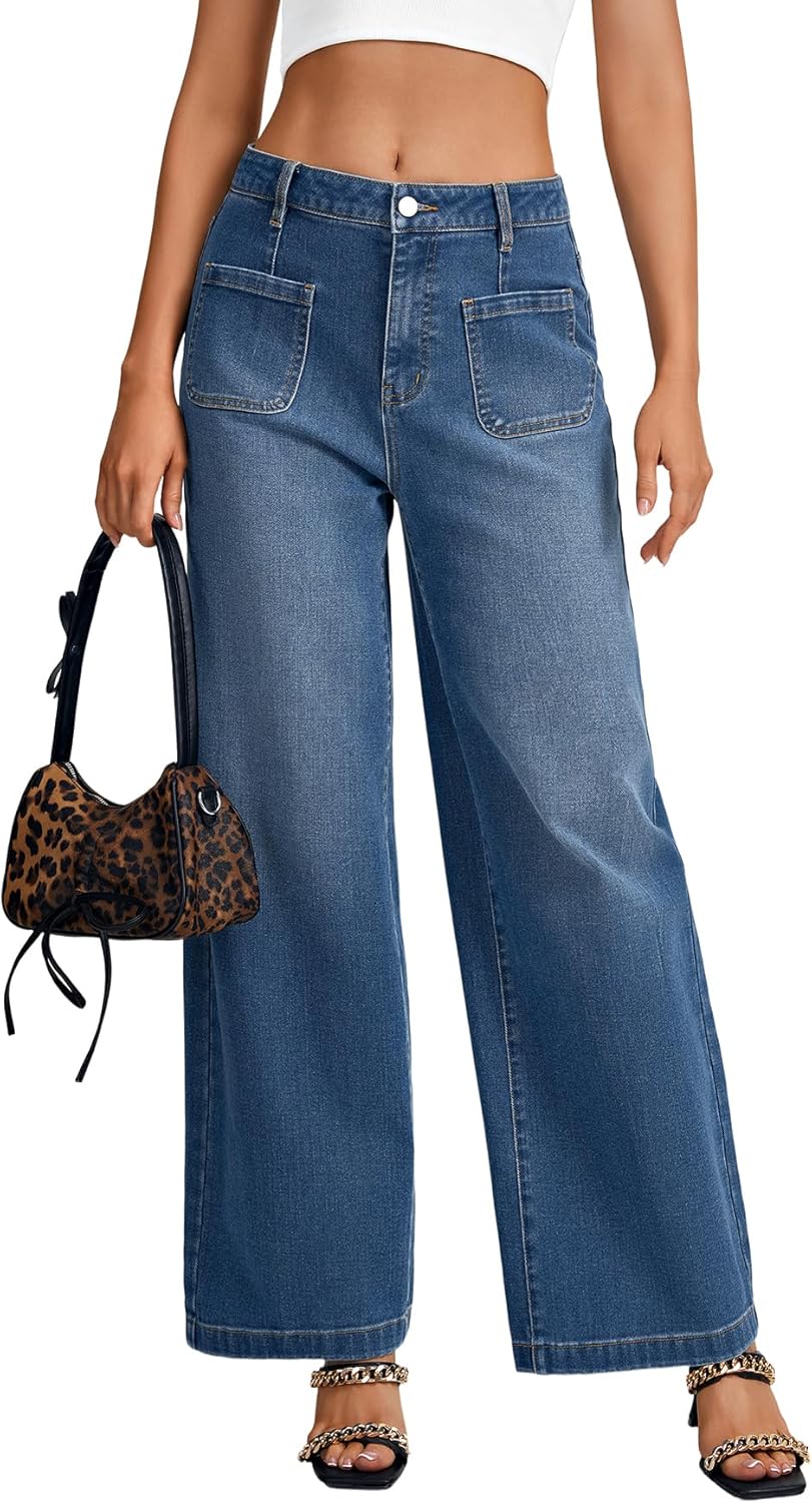 LYANER Women's Wide Leg Jeans High Waist Button Down Straight Denim Pants Stretchy Baggy Jean