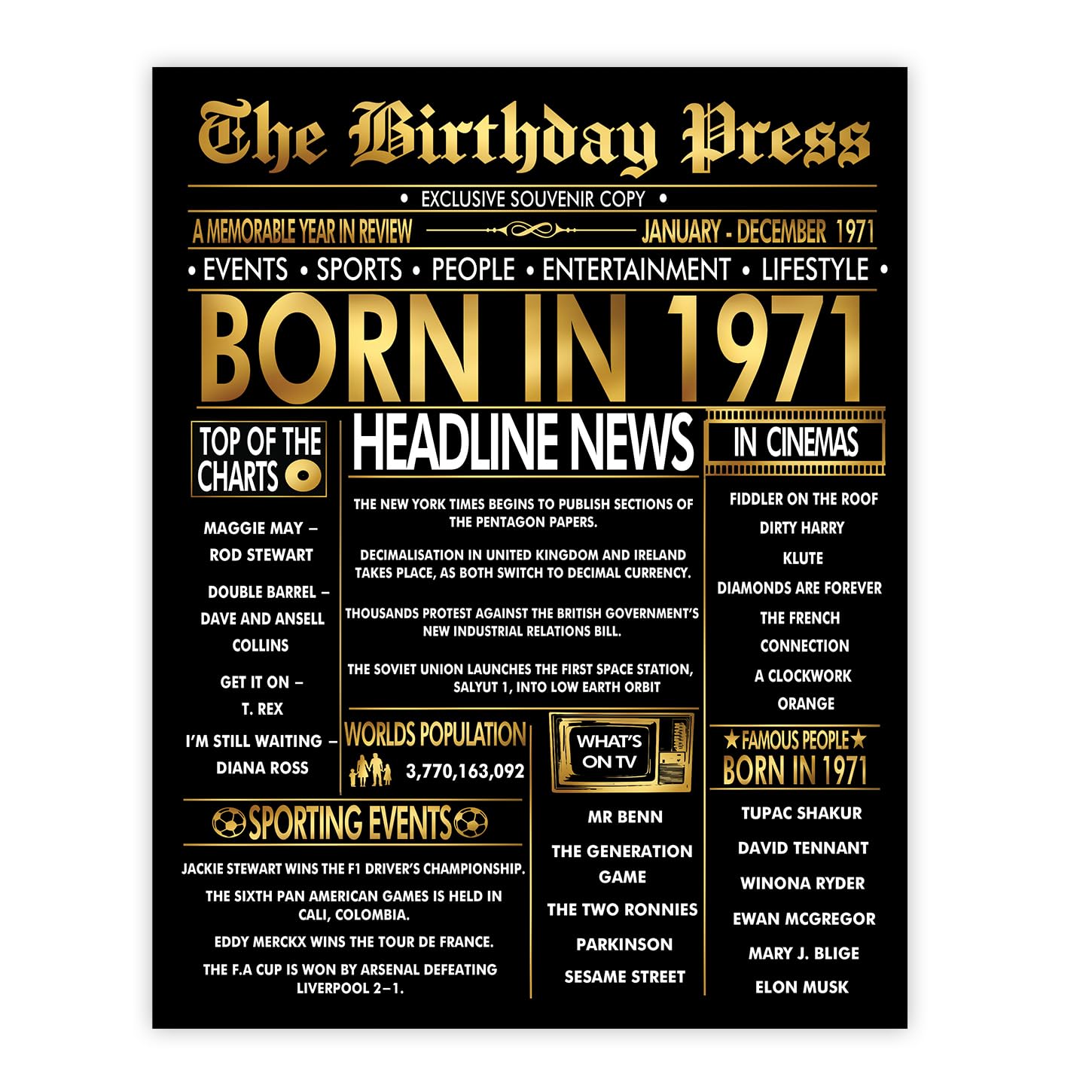 Stuff4 Gold 55th Birthday Poster Unframed - Golden Born In 1971 Newspaper - Happy 55 Birthday for Men Women Retro Vintage Gifts Back In 1971, 8x10 Inch Bday Party Decor Decoration