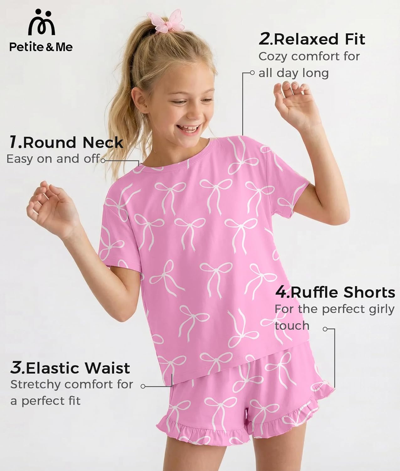 Petite&Me Girls Pajama Set 2 Piece Short Sleeve Top and Shorts Soft Breathable Sleepwear Cute Print Kids Loungewear - Image 3