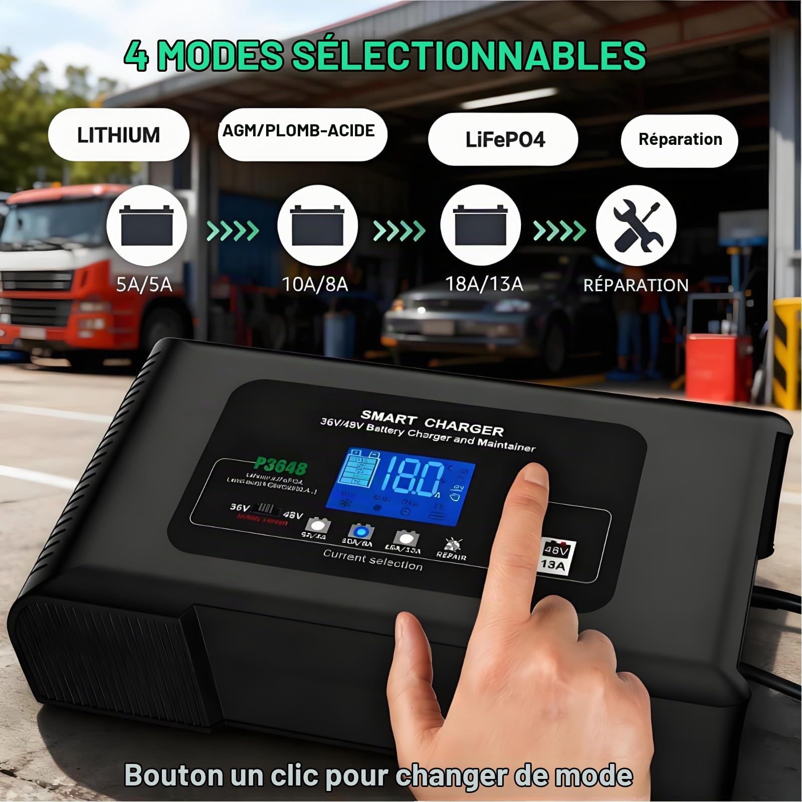 Chargeur de batterie intelligent 36V/48V 18A pour mainteneur de batterie LiFePO4/AGM/plomb-acide,4 modes,réparation par impulsions et test automatique pour voiturettes de golf,SUV,camping-cars,camions