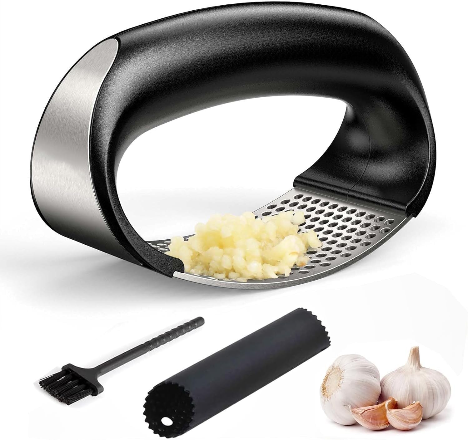 TAHINO Garlic Press Crusher & Mincer – Heavy Duty Zinc Alloy Garlic Press, Ergonomic Easy Squeeze Handheld Garlic Crusher Tool, Rust Resistant Kitchen Garlic Mincer