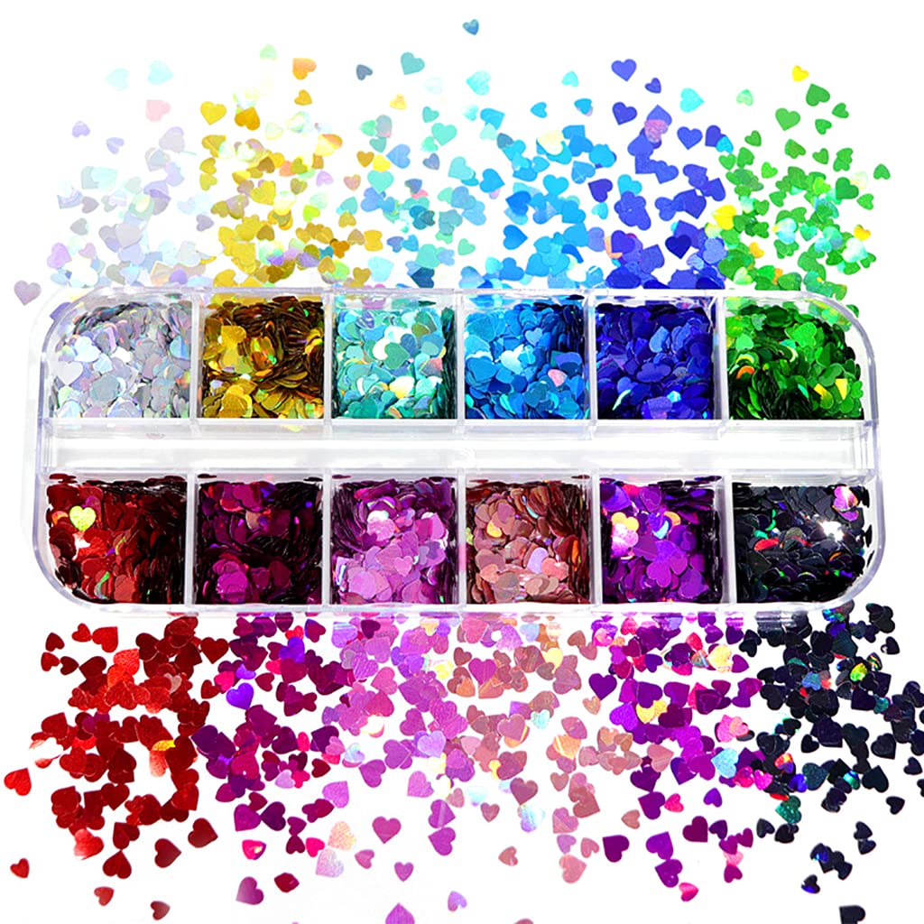 12 Grids/Box Holographic Resin Glitter Love Heart Shape Epoxy Resin Filling Sequins Paillette Jewelry Making Nail Art Decoration