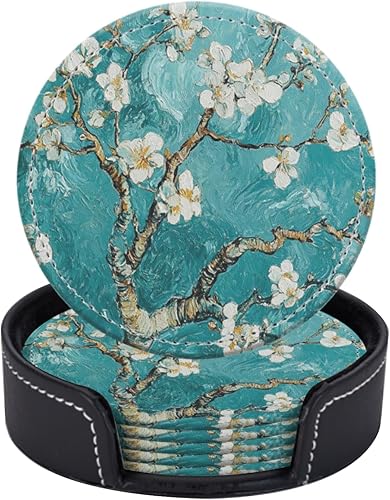 Miniatura 1 de Posavasos para bebidas de piel sintética, juego de 6 con soporte, regalo de inauguración de la casa, decoración del hogar, flores de almendras