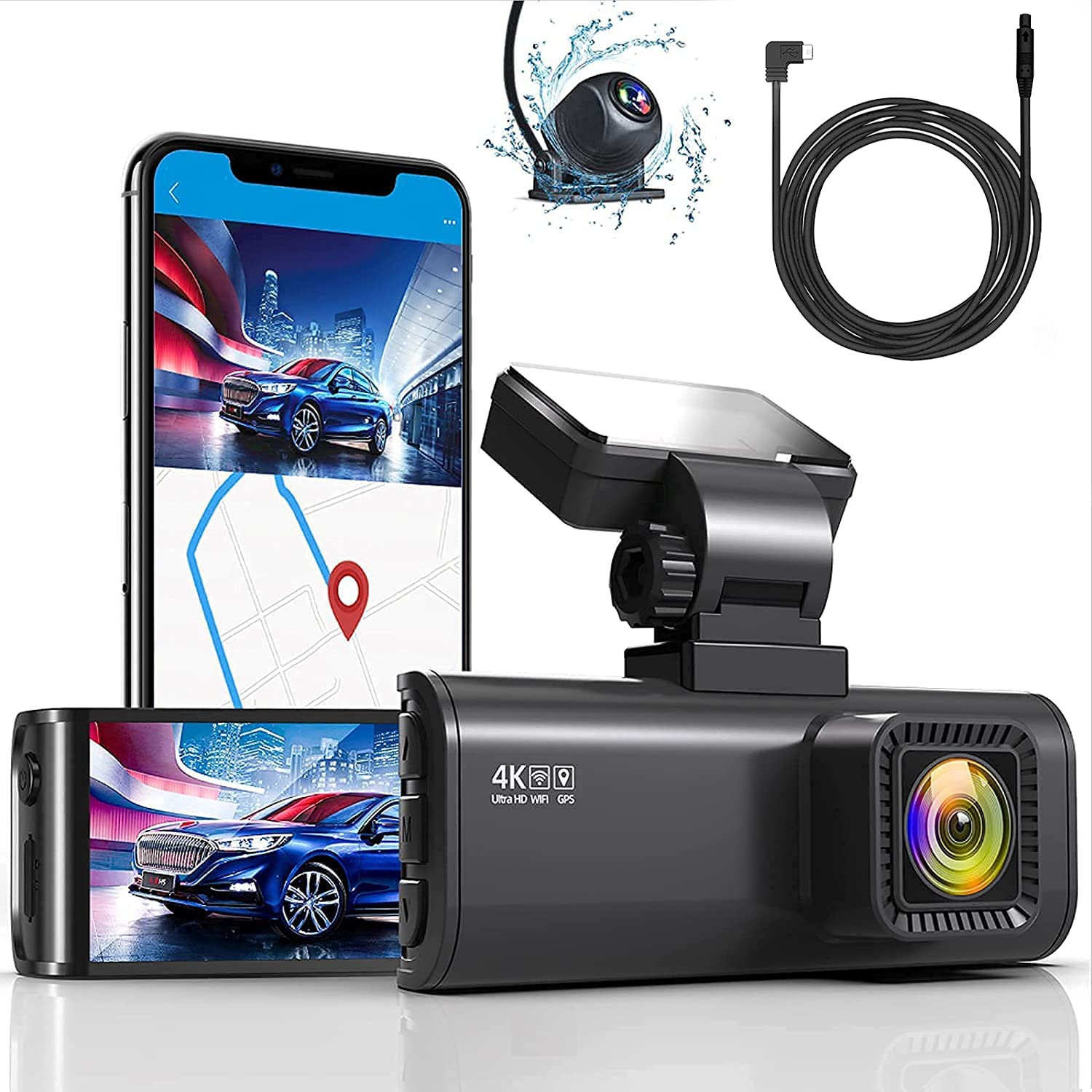 REDTIGER F7N 4K Dual Dash Cam Built in WiFi/GPS with 33feet Backup Camera Extension Cord Cable