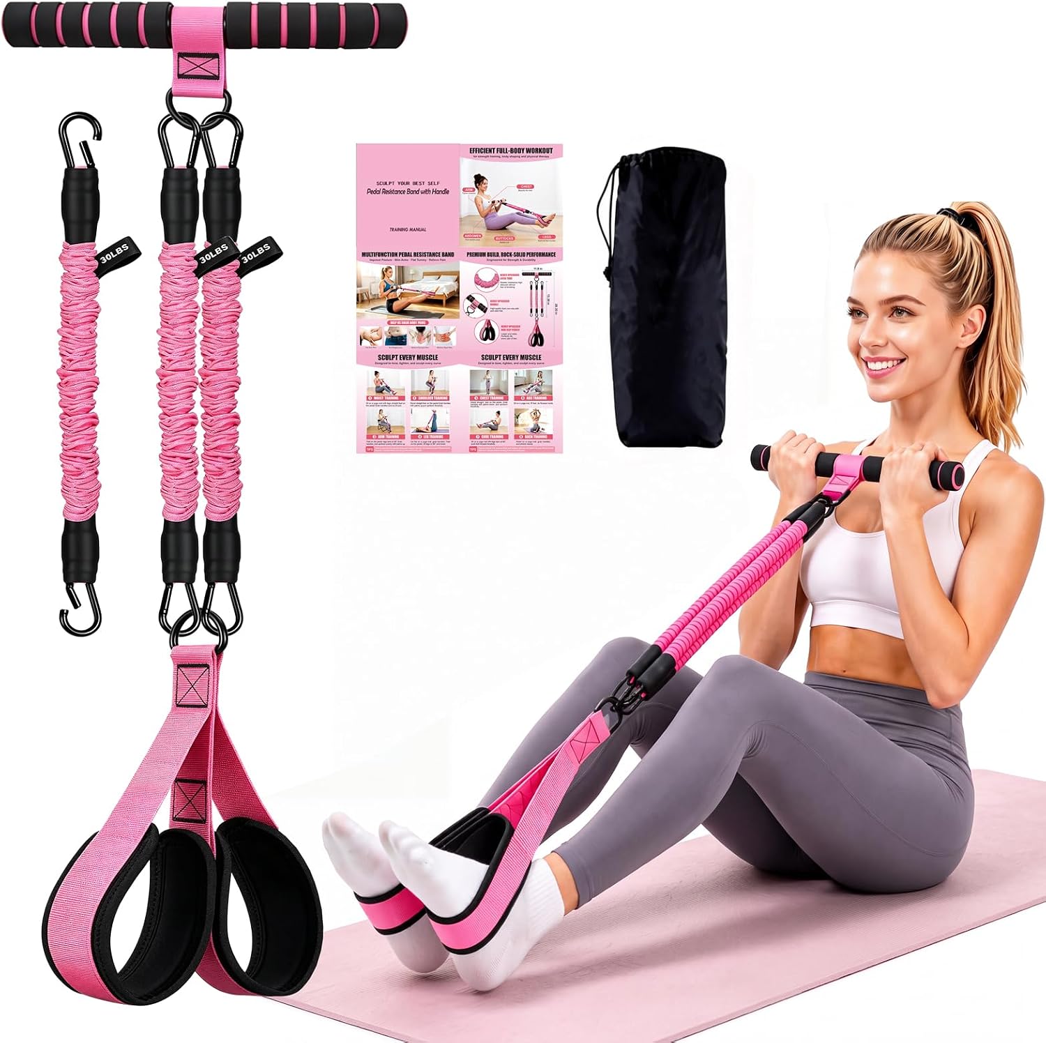 Foot Pedal Resistance Band with Handle, 3-Tube Multifunction Adjustable Yoga Elastic Exercise Bands, Home Workout Equipment for Women & Men to Abdomen, Waist, Arm, Core/ABS, Leg