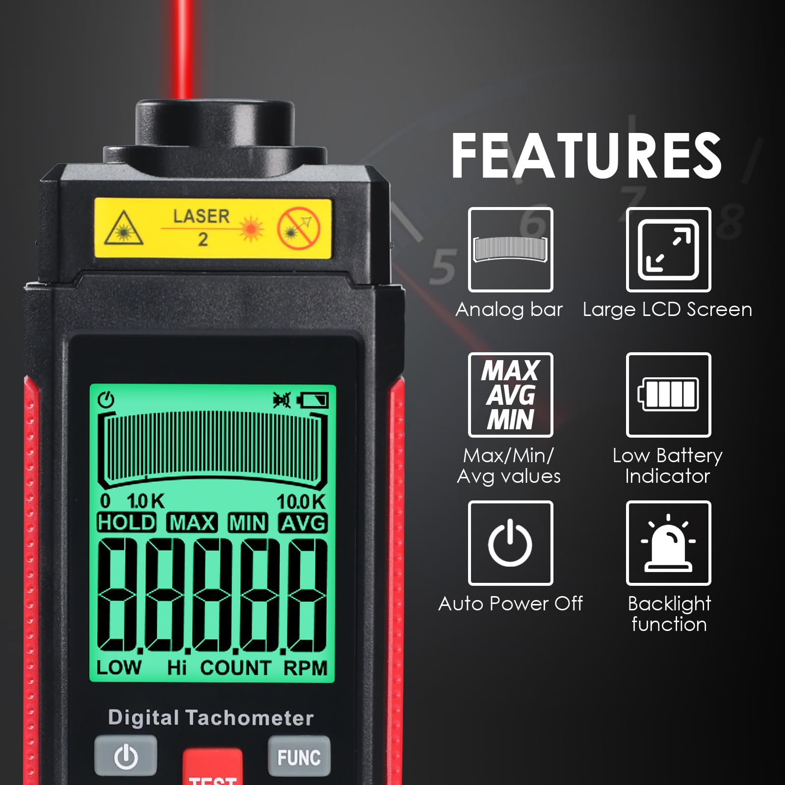 Tacómetro Digital Sin Contacto RPM 10-99999 Sensor Fotoeléctrico Láser Alta Precisión Pantalla LCD Cinta Reflectora