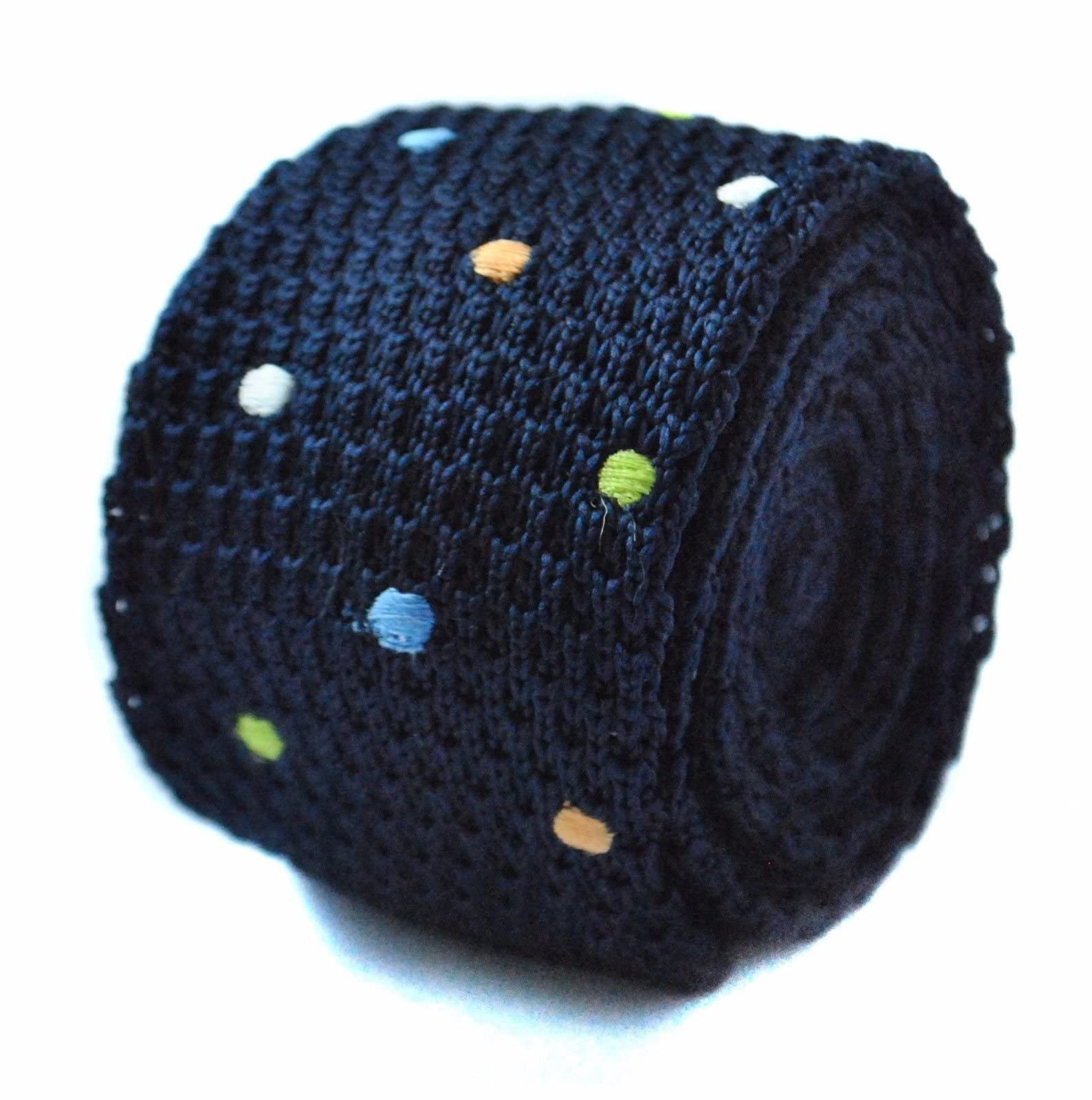 Frederick Thomas Men's Navy Knitted Blue Tie With Multicoloured Polka Spots, Slim 5Cm Width, 147Cm Length Premium ’S Necktie, Ideal For Office, Weddings, Formal And Special Occasions
