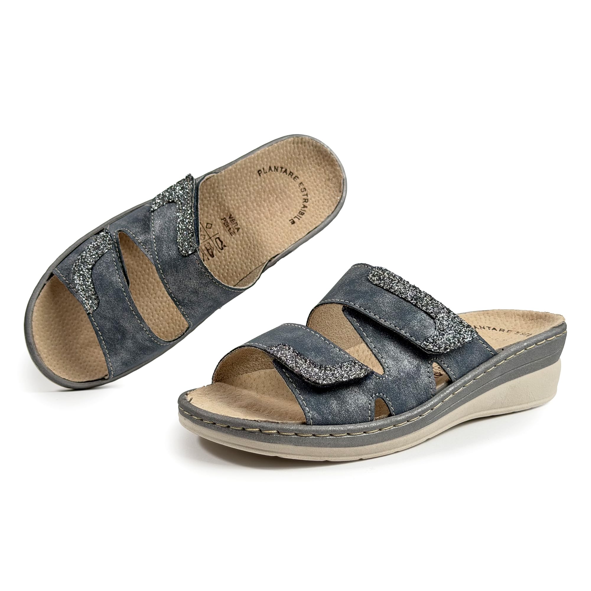 JOMIX Mules Femme Orthopédiques à Scratch Pantoufles d'Été Anatomiques Semelle Amovible en Cuir Véritable Sandales églables Compensées Confortables pour Pieds Sensibles et Senior Bleu 35