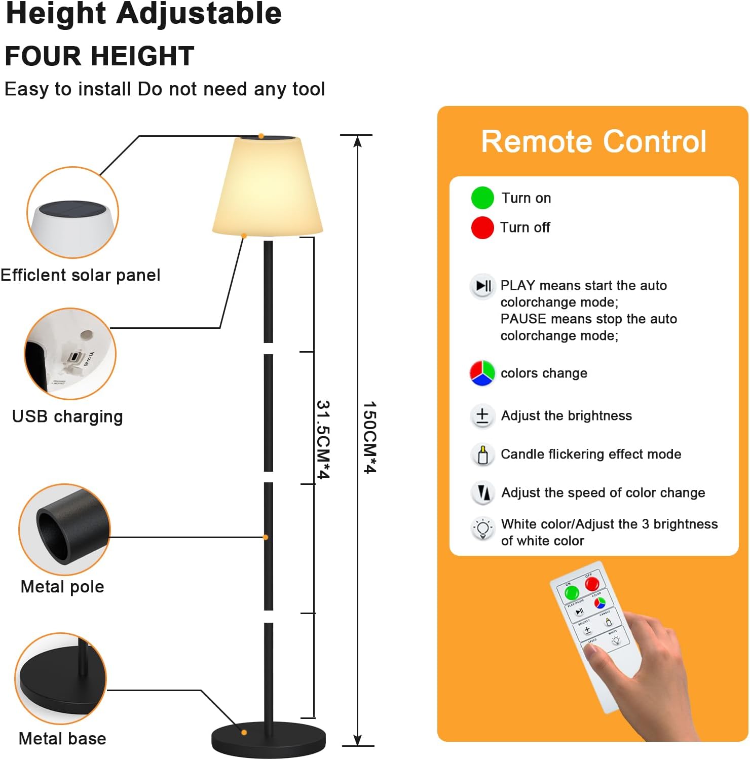 Solar Outdoor Floor Lamp USB Rechargeable Cordless Dimmable RGB Warm White LED Lights for Yard Garden Patio