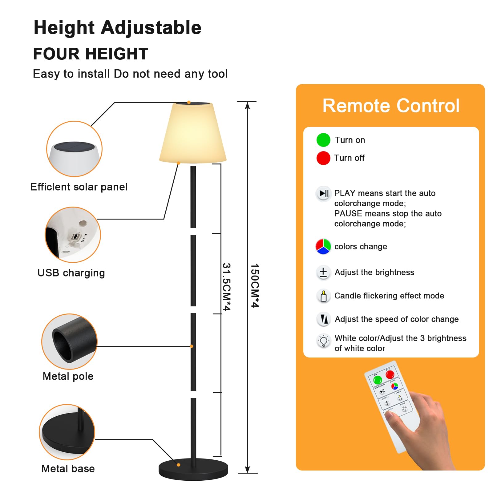 Lámpara solar de pie para exteriores, recargable por USB, inalámbrica, regulable, RGB de color blanco cálido, luces LED para patio, jardín, patio