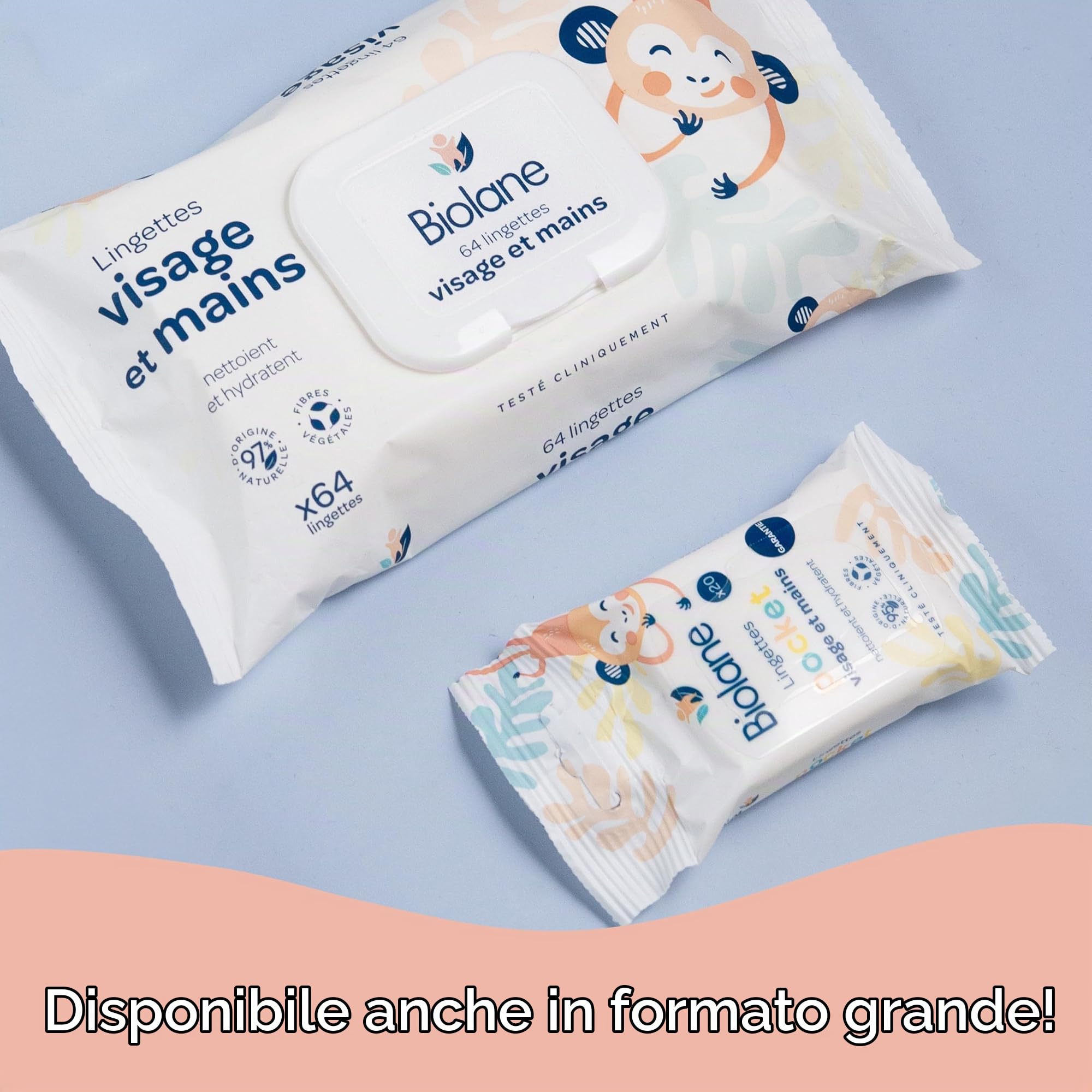 BIOLANE - Confezione da 24 salviette per neonati per viso e mani - 480 salviette detergenti (24 x 20) - Pulisce e protegge - Pelli sensibili - 97% di ingredienti naturali - Made in France