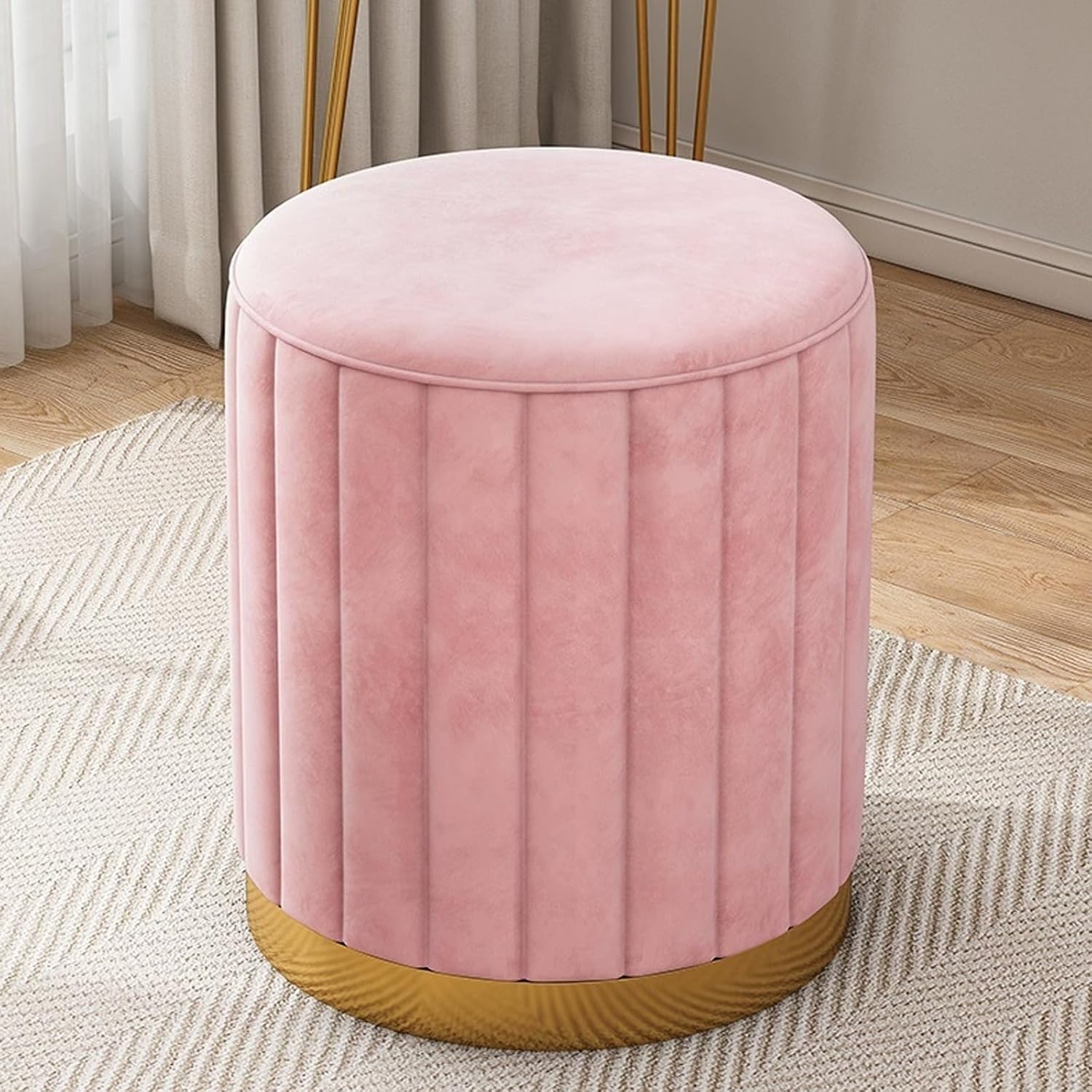 Entryway Shoe Changing Storage Ottoman Round Vanity Stool with Storage Upholstered Foot Rest Stool Round Ottoman with Storage and Gold Plated Base Storage Ottoman(C)