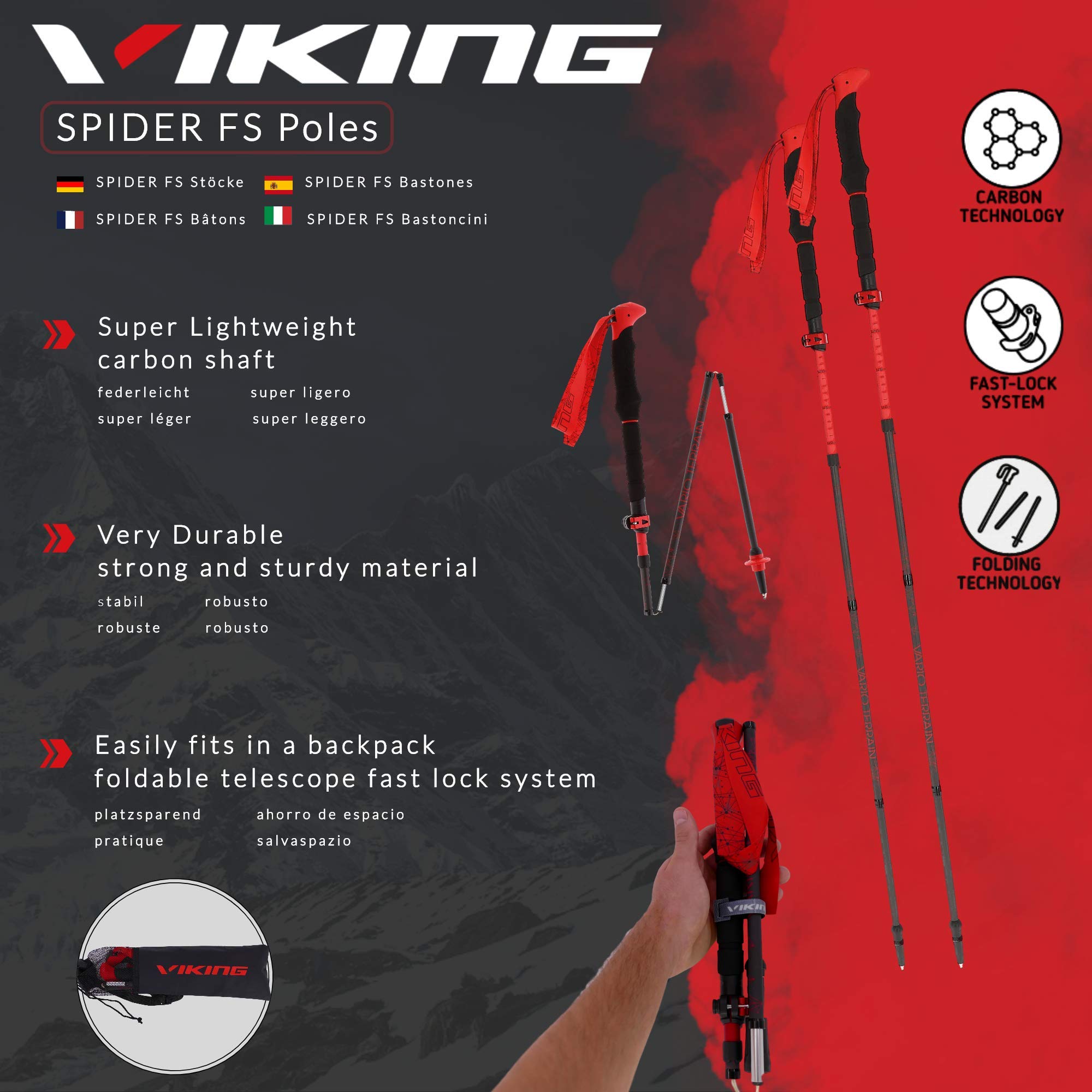 Viking Spider FS Bâtons de randonnée télescopiques Pliables en Carbone Bâtons de randonnée télescopiques Bâtons de randonnée Pliables Bâtons de randonnée en Carbone